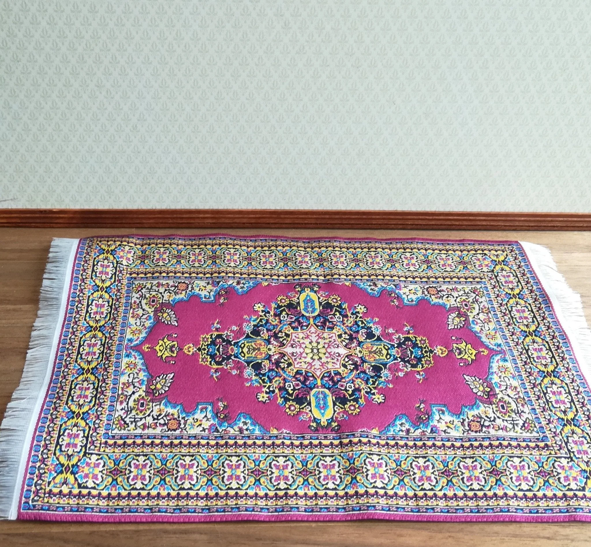 Dollhouse Miniature Rug Burgundy & Gold Carpet with Fringe 1:12 Scale 9.25" x 6" - Image 2