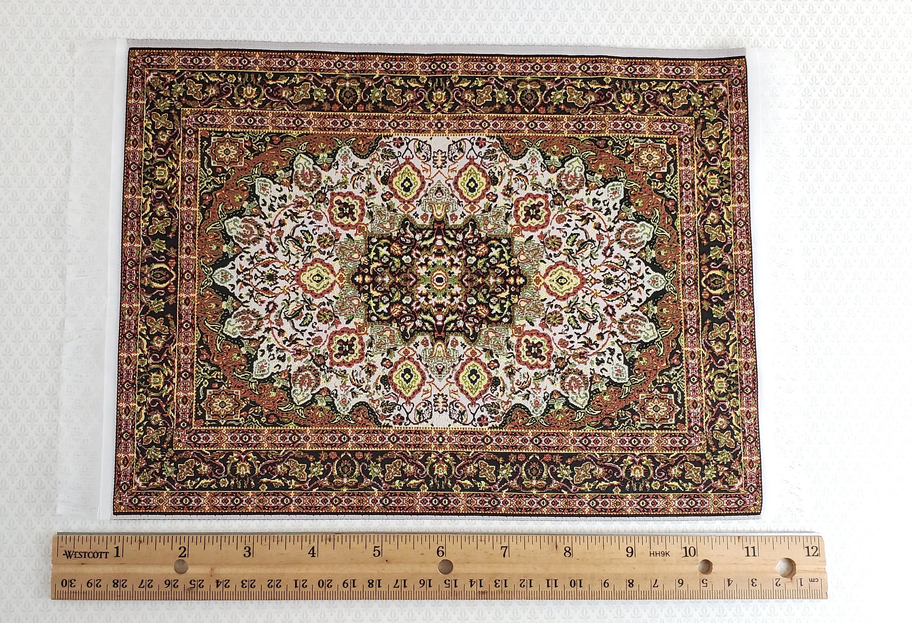 Dollhouse Miniature Rug Large Gold & Green with Fringe Full Room Carpet 1:12 Scale - Image 2