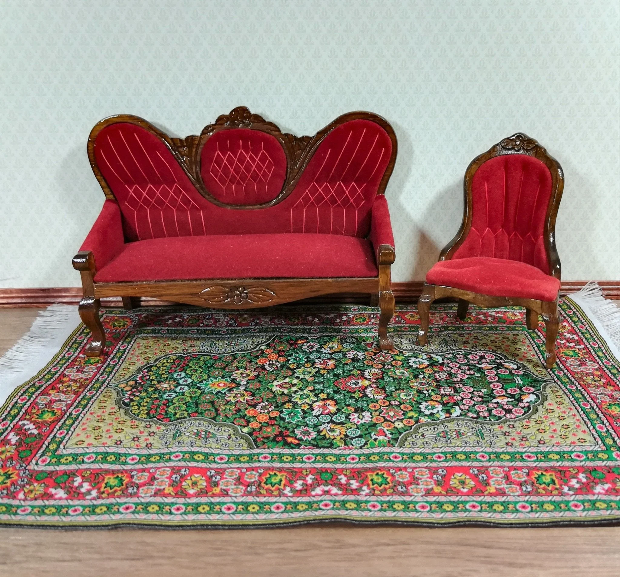 Dollhouse Miniature Rug Large Green Red Gold 9" x 6" with Fringe 1:12 Scale - Image 2