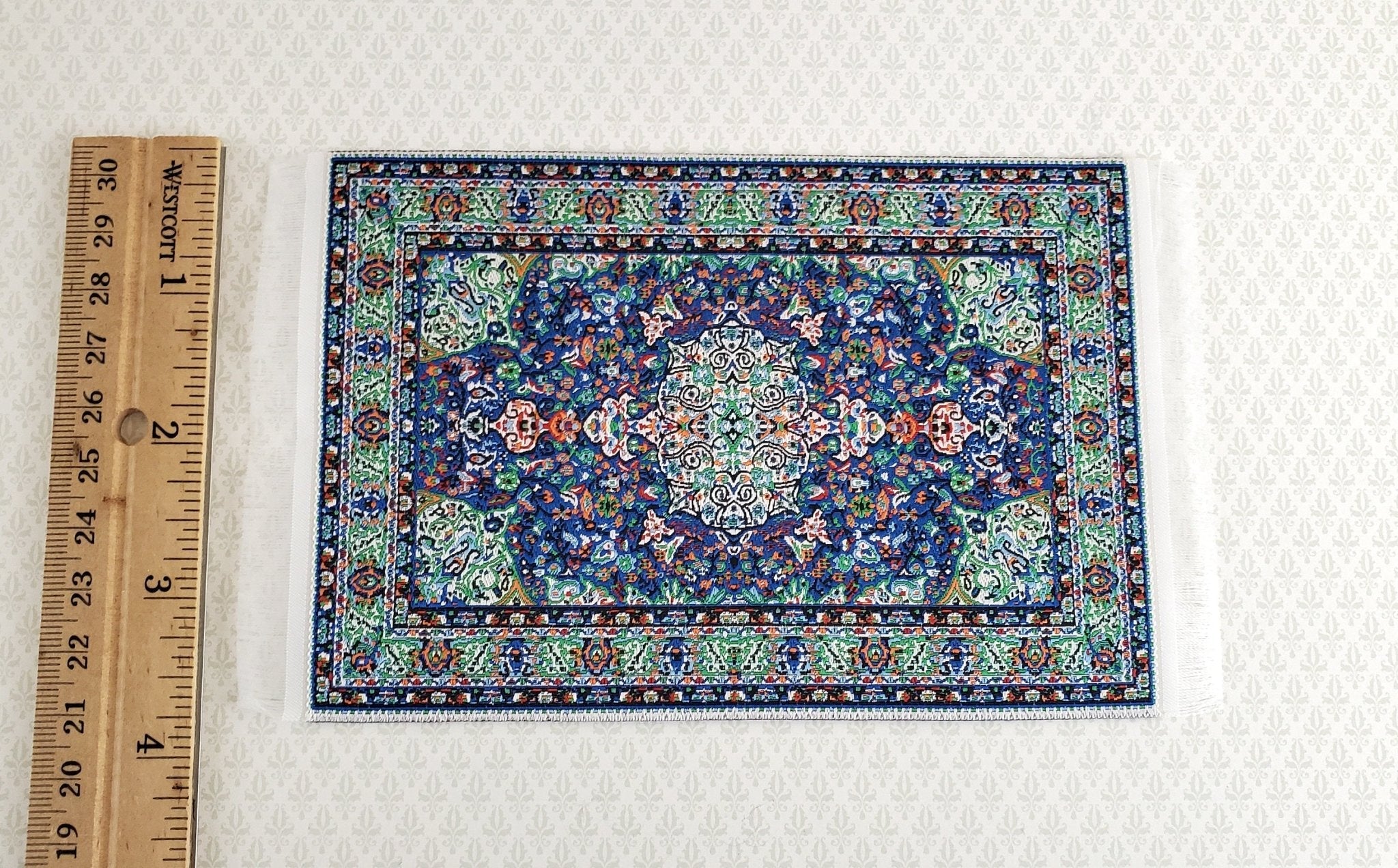 Dollhouse Miniature Rug Small Blue Green 6 1/4" x 3 3/4" with Fringe 1:12 Scale - Image 3