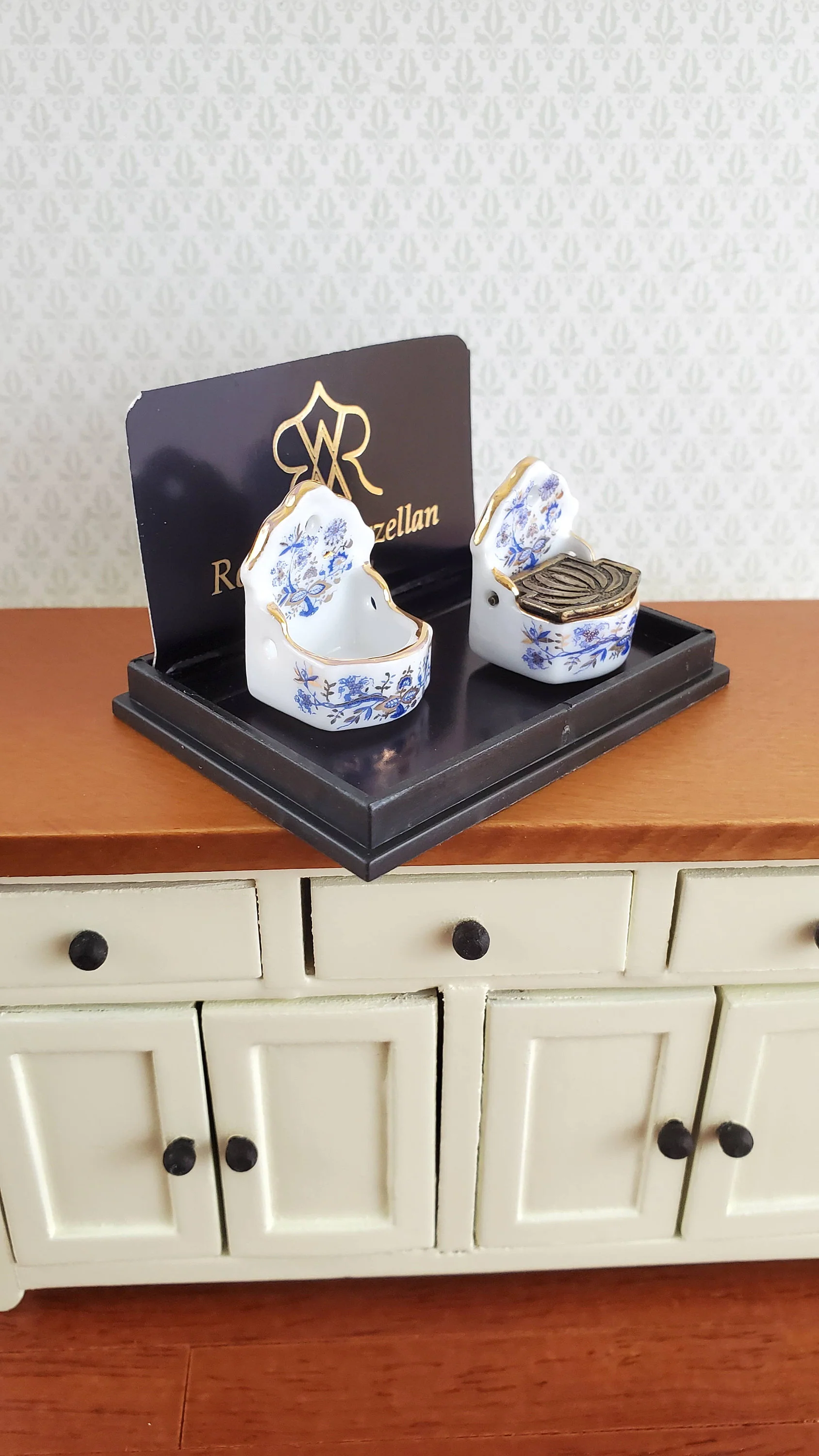 Dollhouse Miniature Salt Cellars Reutter Porcelain 1:12 Scale Blue White Gold - Image 2