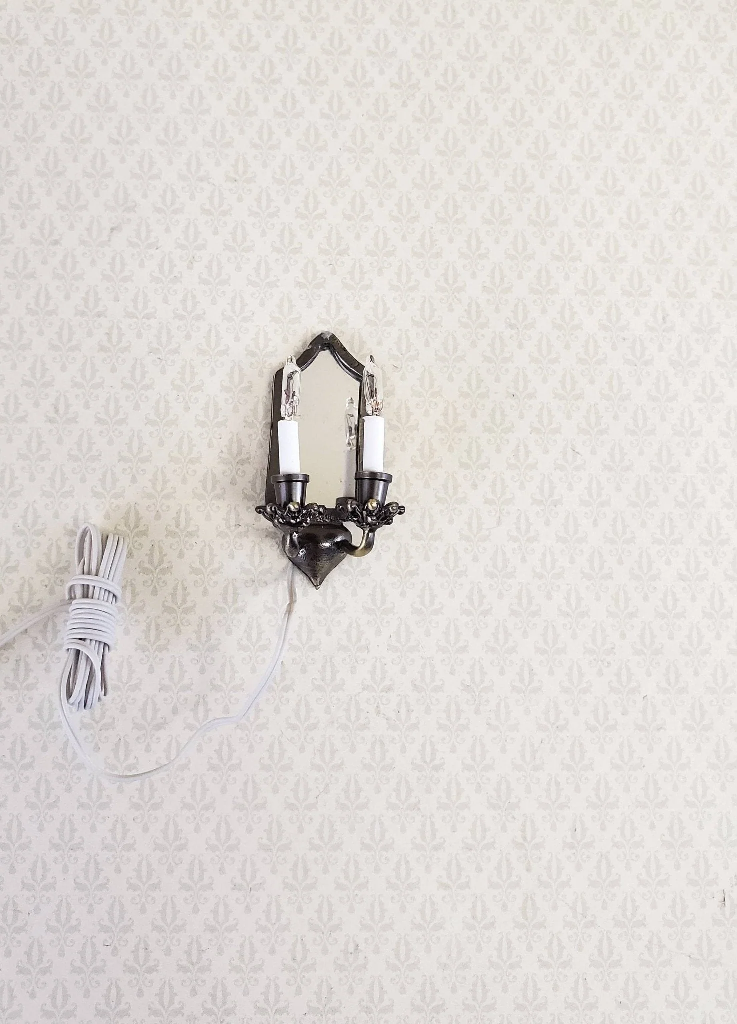 Dollhouse Miniature Sconce Double Candle with Mirror Bronze 12 Volt 1:12 Tudor Victorian