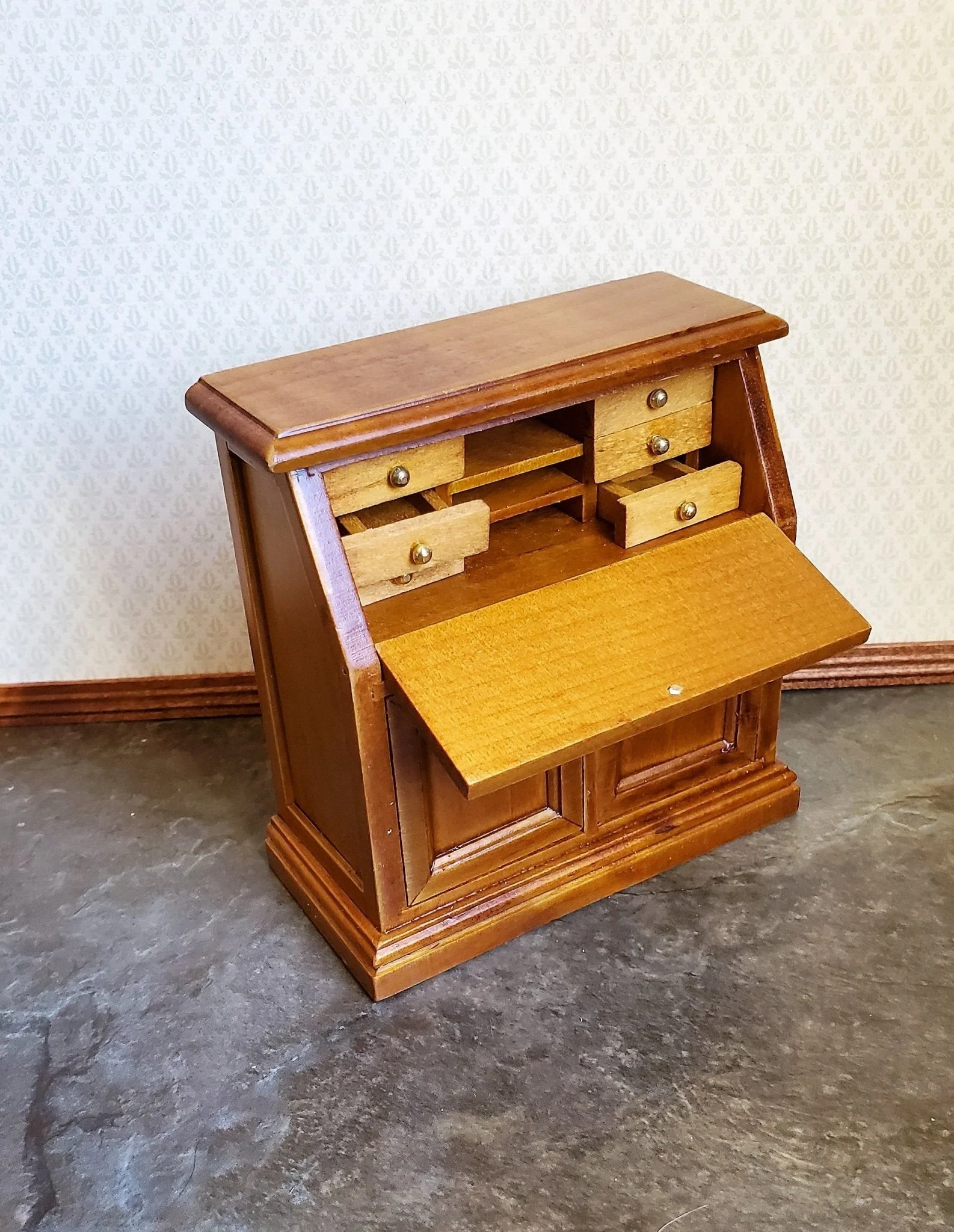 Dollhouse Miniature Secretary Writing Desk with Drawer Walnut Finish 1:12 Scale Furniture - Image 5