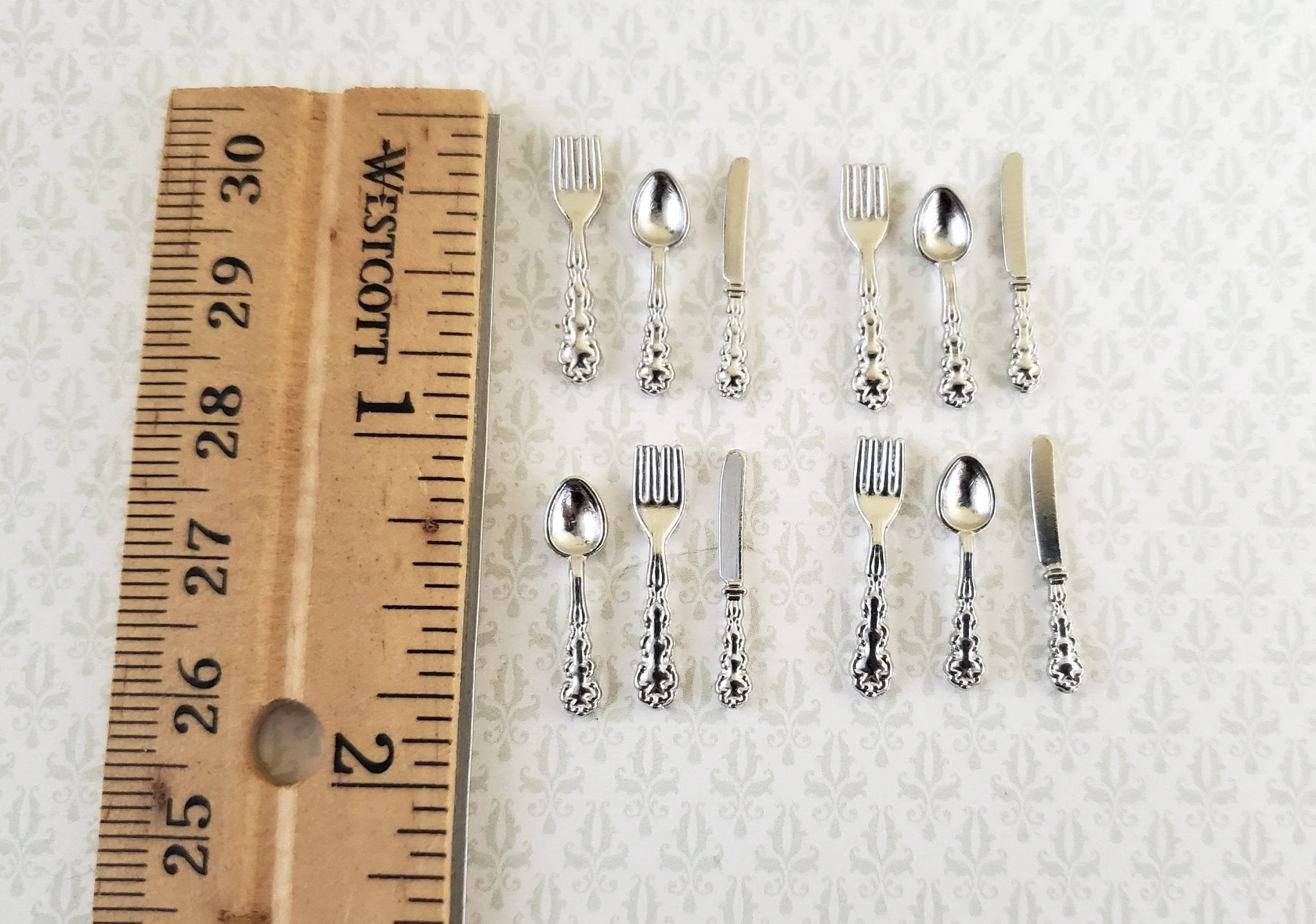 Dollhouse Miniature Silver Flatware Silverware Fancy Set 4 Place Settings 1:12 Scale - Image 3