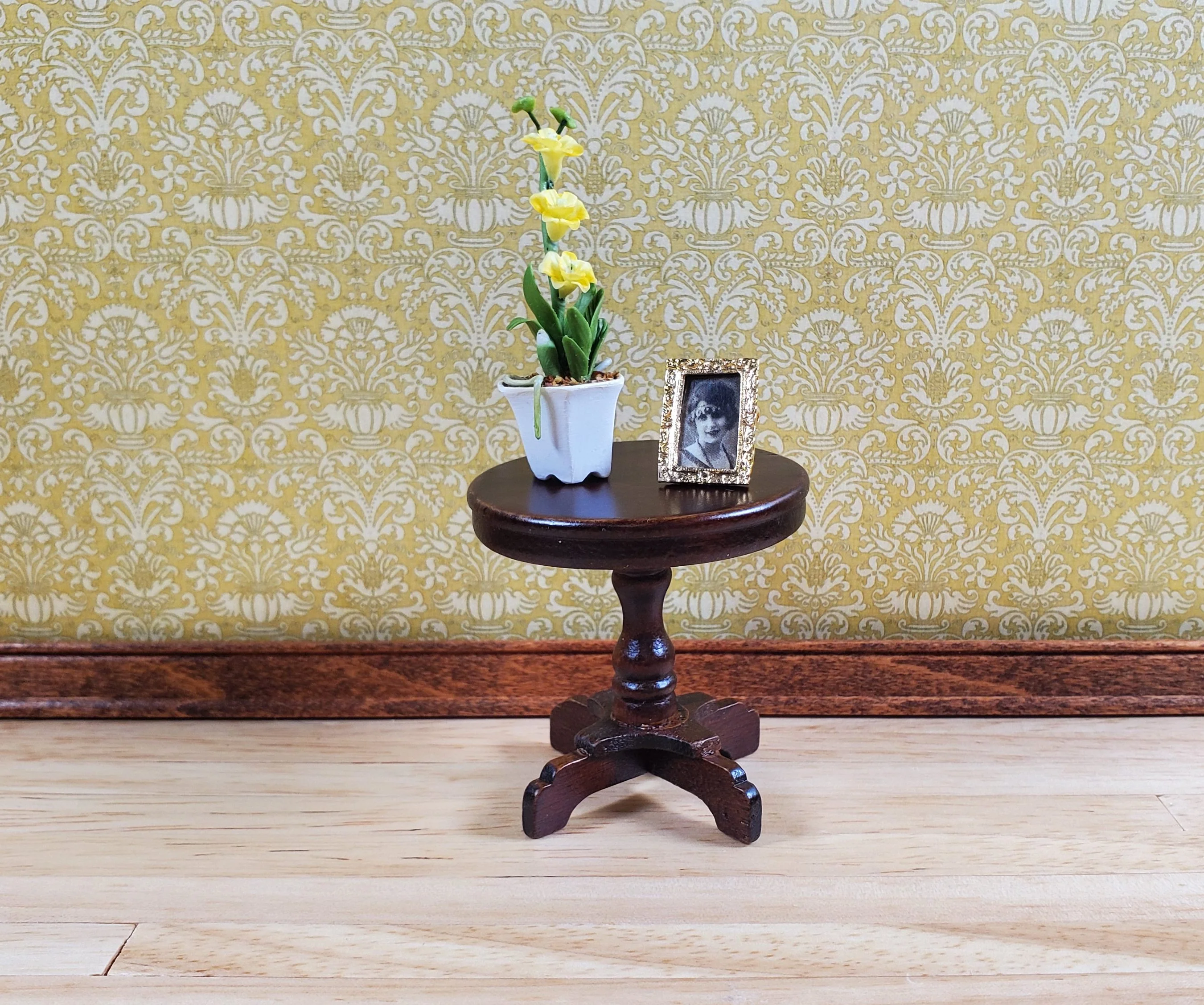Dollhouse Miniature Table Small Round Side or End Table Walnut Finish 1:12 Scale - Image 2