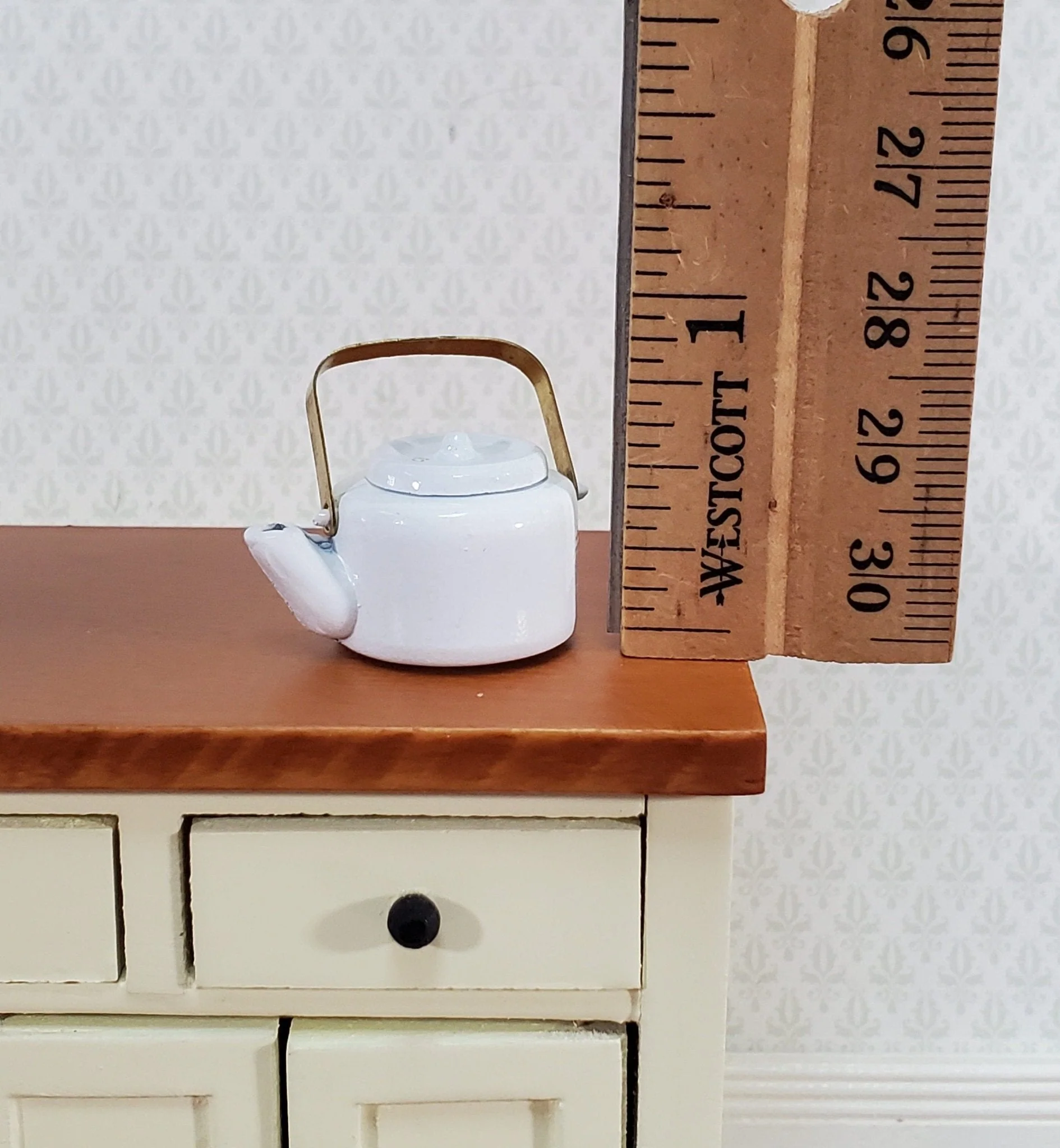 Dollhouse Miniature Teapot Kettle White Metal Removable Lid 1:12 Scale Kitchen Accessories - Image 3