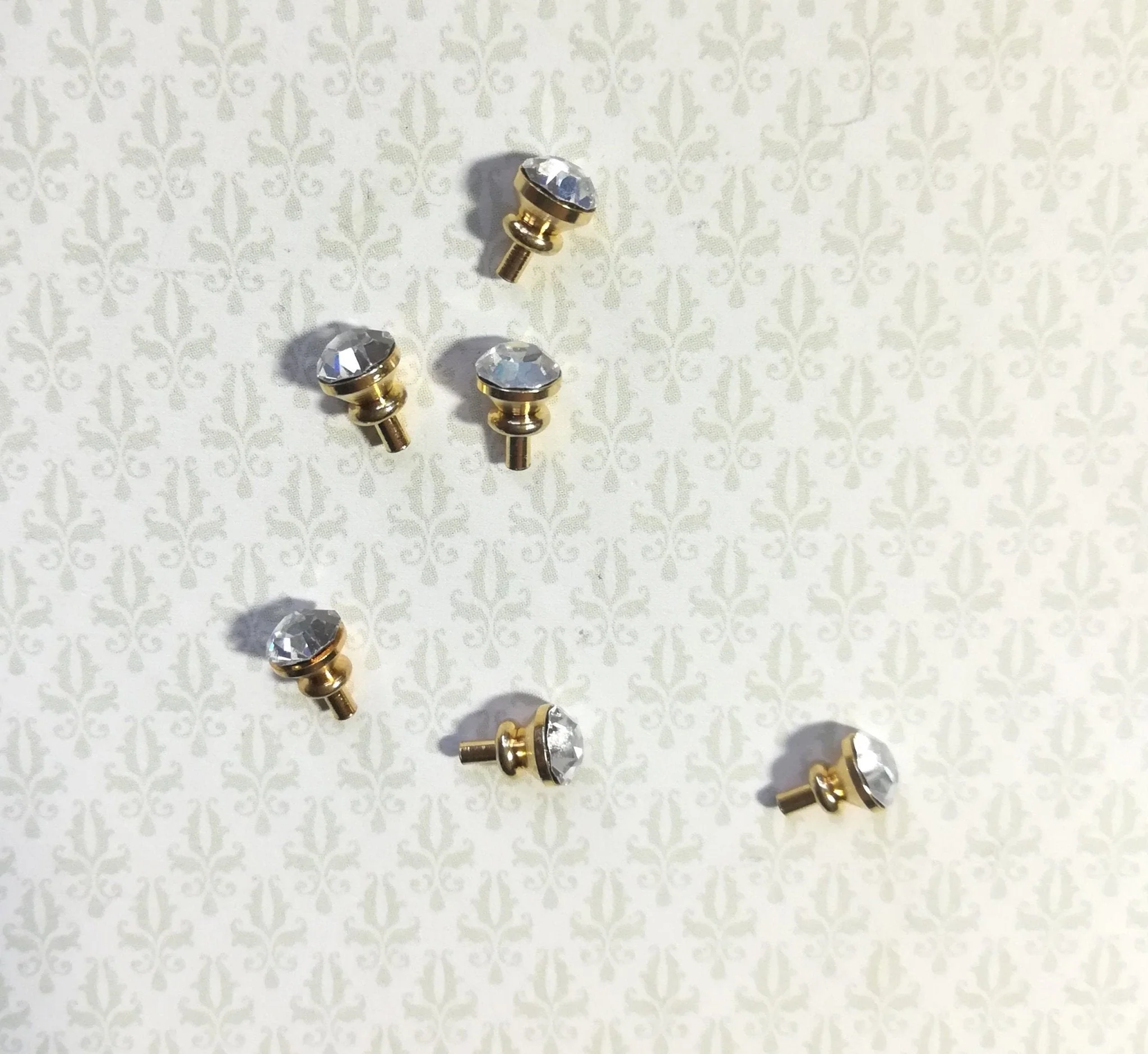 Dollhouse Miniature Tiny Crystal & Gold Doorknobs or Drawer Pulls Set of 6 1:12 Scale or Fairy Garden