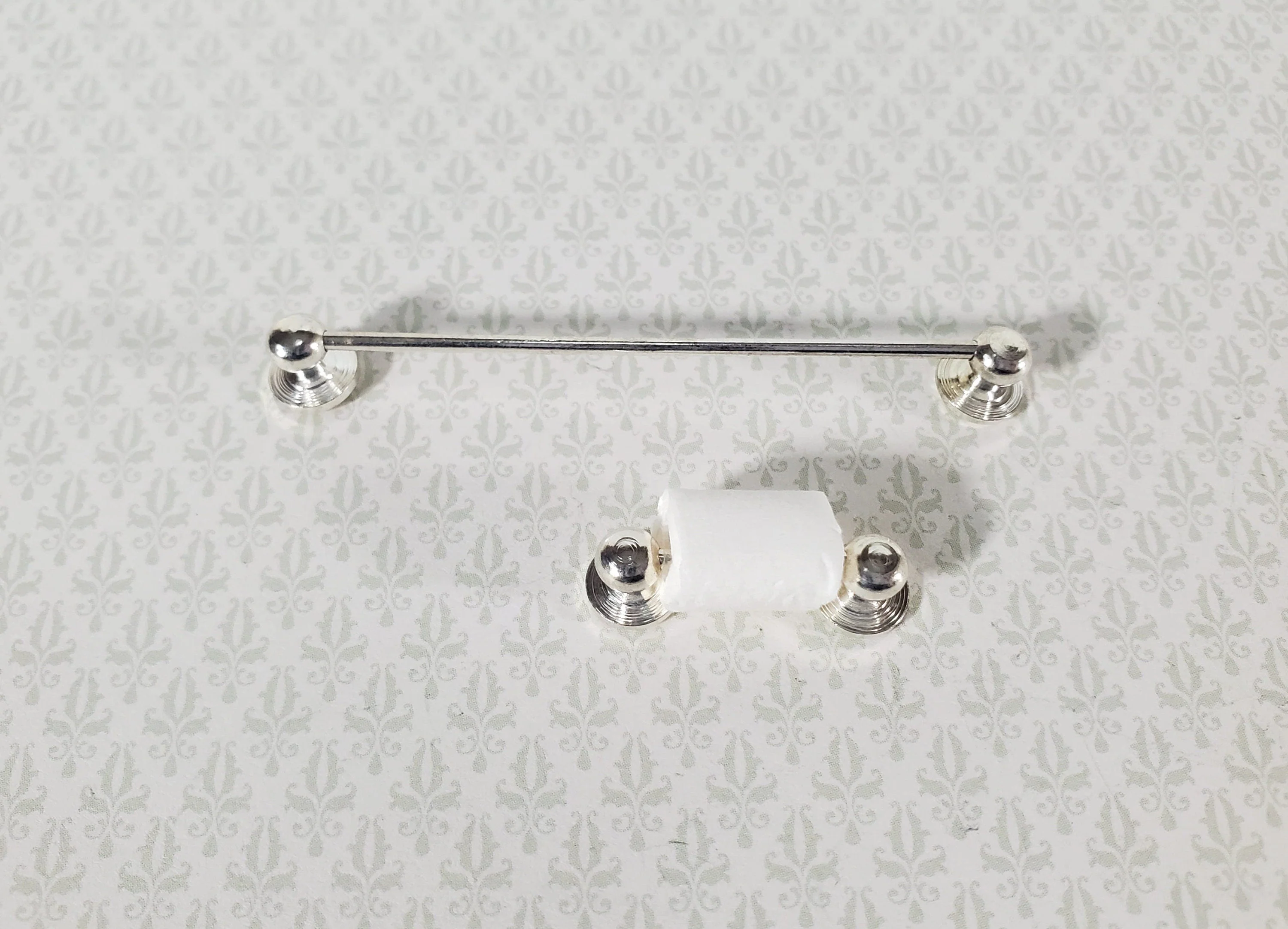 Dollhouse Miniature Towel Rod & Toilet Paper Holder Bathroom 1:12 Scale Silver - Image 2