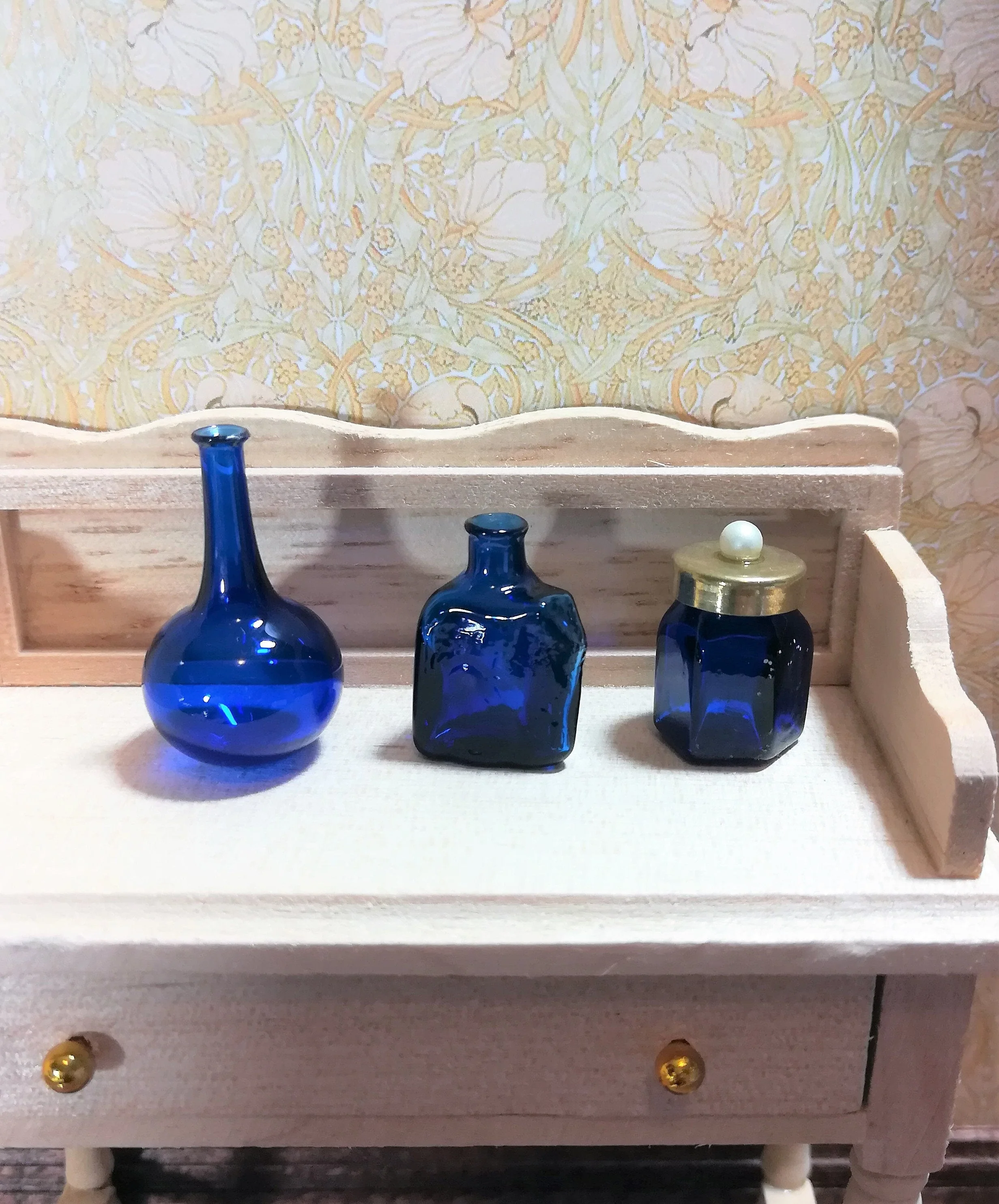 Dollhouse Miniature Vase Collection Cobalt Blue Glass Bottle Set of 3 1:12 Scale