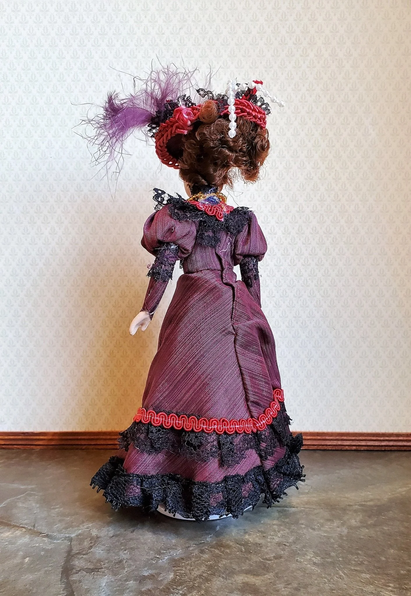 Dollhouse Victorian Doll Porcelain Fancy Maroon Dress and Hat 1:12 Scale Woman - Image 4