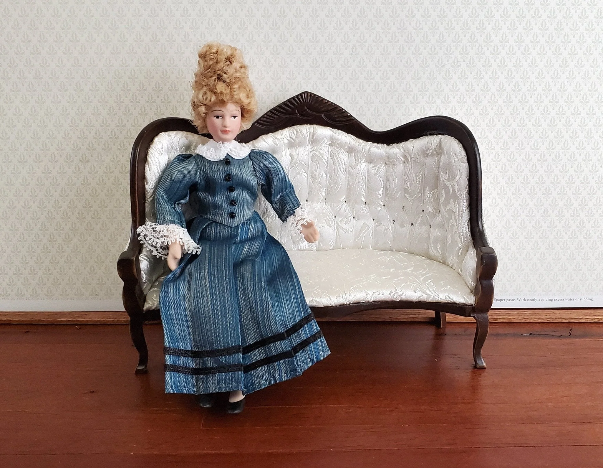 Dollhouse Victorian Doll Porcelain Poseable Blue Green Dress Lace 1:12 Scale Woman - Image 4