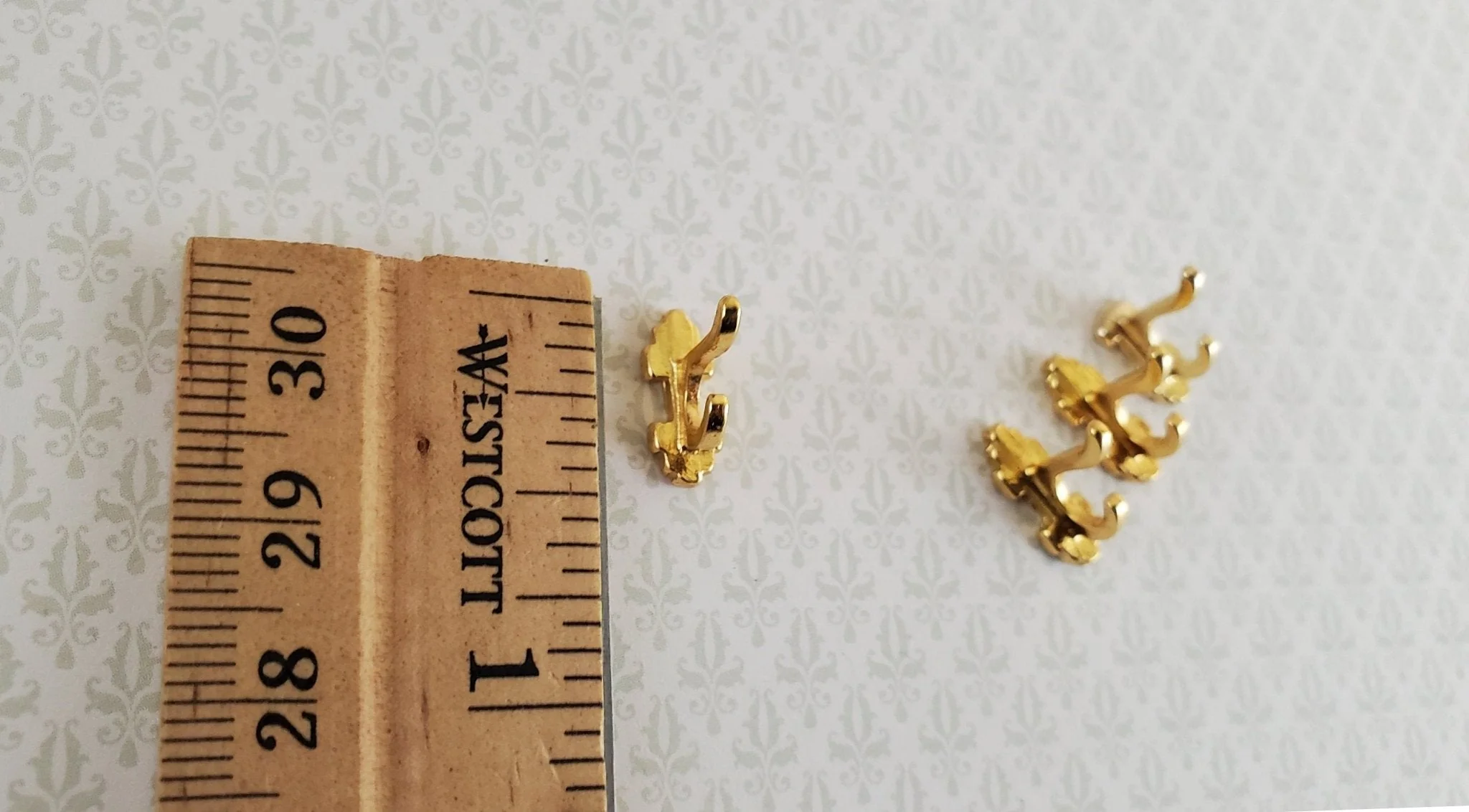 Dollhouse Miniature Wall Hooks Set of 4 Metal 1:12 Scale Gold Finish 1/2" - Image 2
