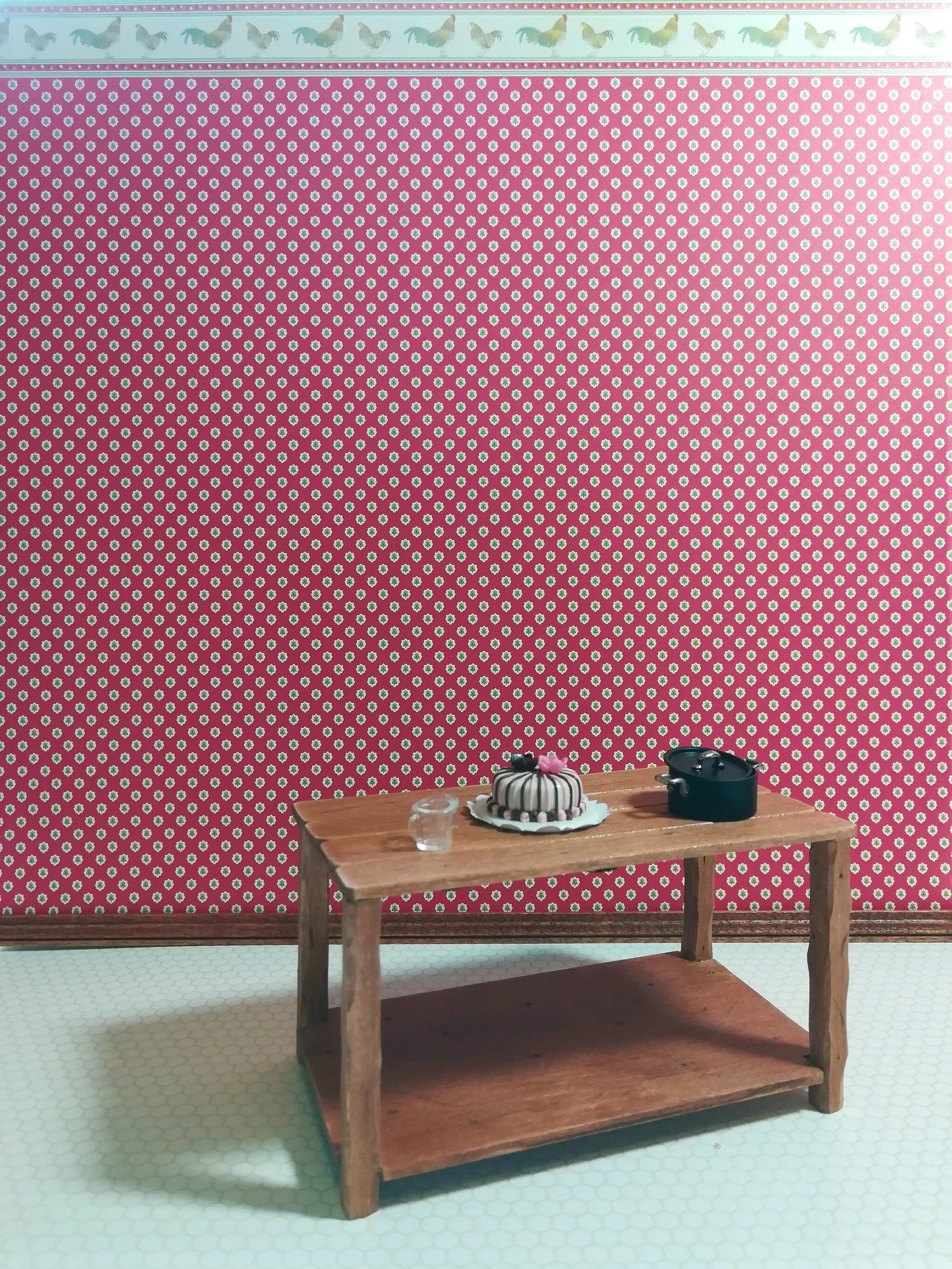 Dollhouse Miniature Wallpaper Brodnax Kitchen Red "Rooster" 1:12 Scale - Image 3
