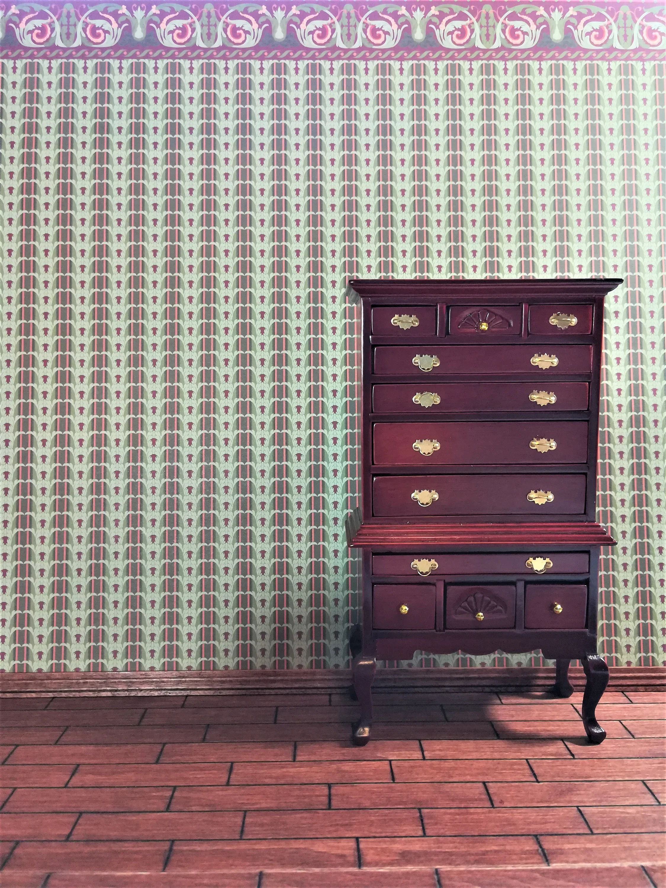 Dollhouse Miniature Wallpaper Brodnax Victorian Green & Maroon "Melrose" 1:12 Scale - Image 4