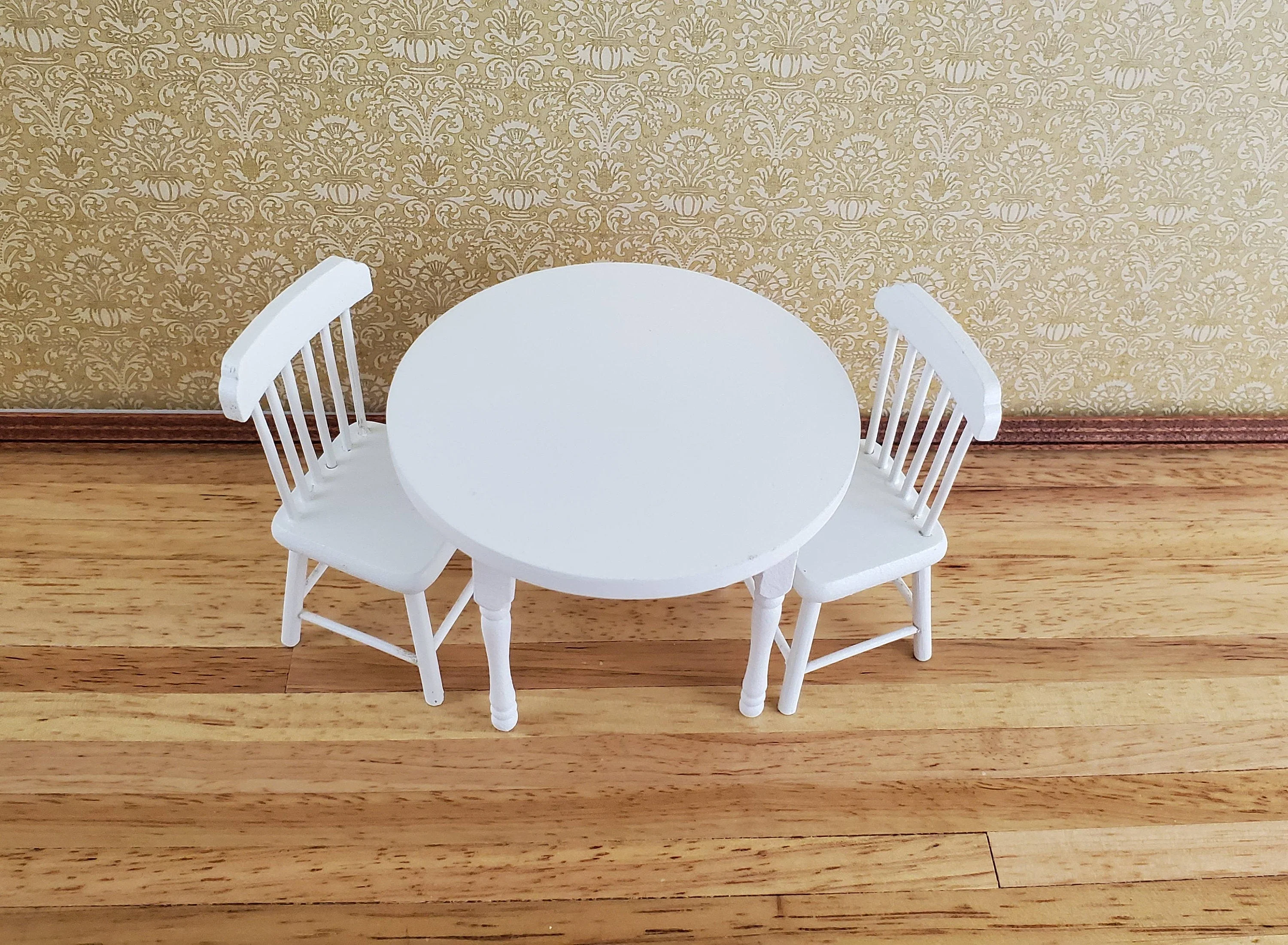 Dollhouse Miniature White Table Round with 2 Chairs 1:12 Scale Kitchen Dining Room Furniture - Image 2