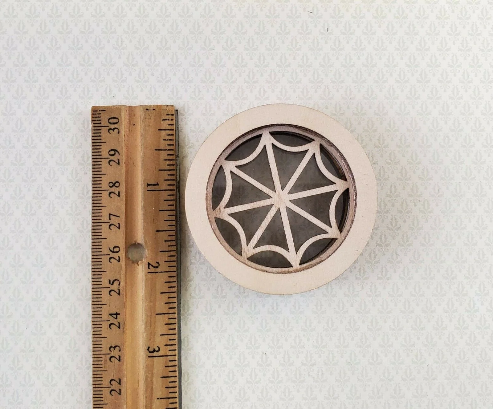 Dollhouse Miniature Window Round Circular Wood w/ Acrylic 1:12 Scale Spider Web - Image 2