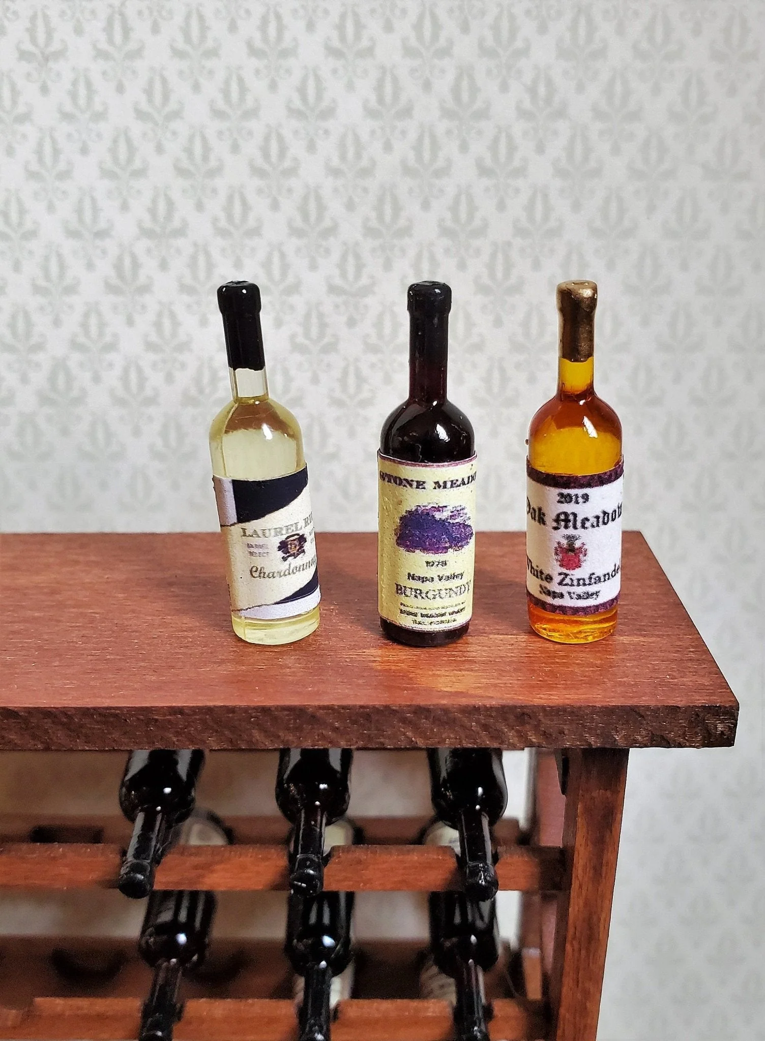 Dollhouse Miniature Wine Bottles x3 White Red Zinfandel 1:12 Scale Kitchen Food