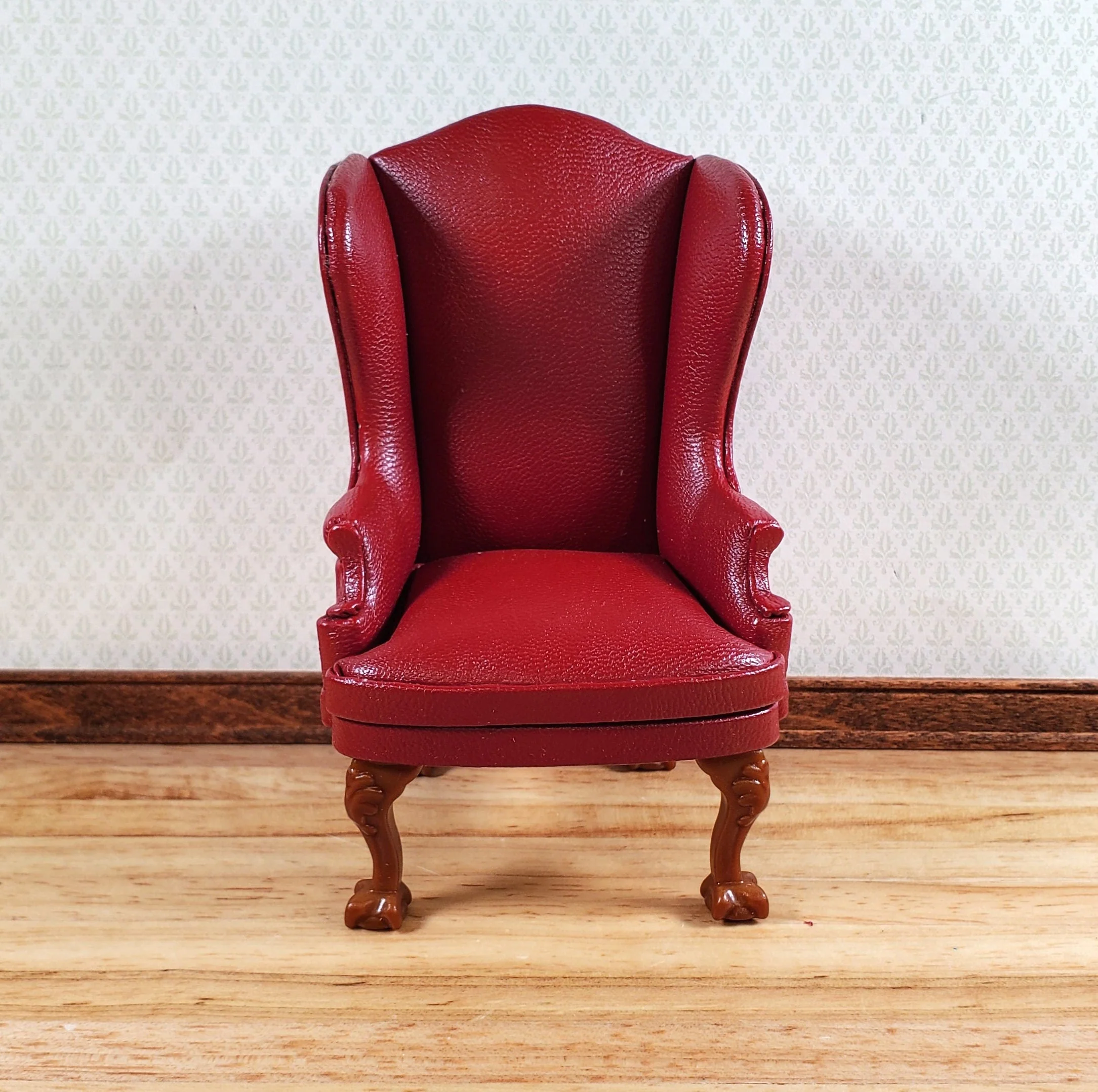 Dollhouse Miniature Wing Back Arm Chair Dark Red 1:12 Scale Furniture Faux Leather - Image 2