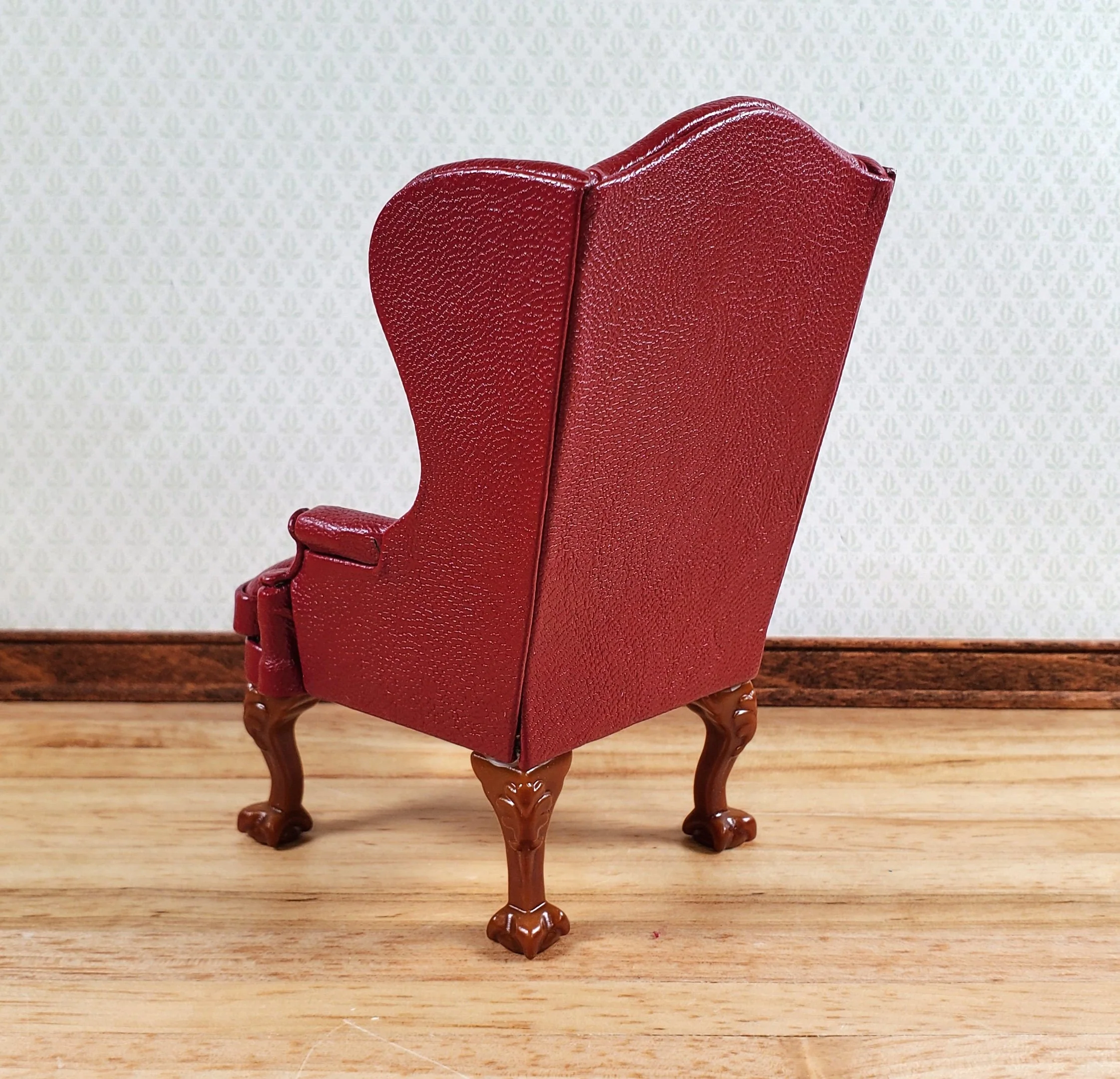 Dollhouse Miniature Wing Back Arm Chair Dark Red 1:12 Scale Furniture Faux Leather - Image 3