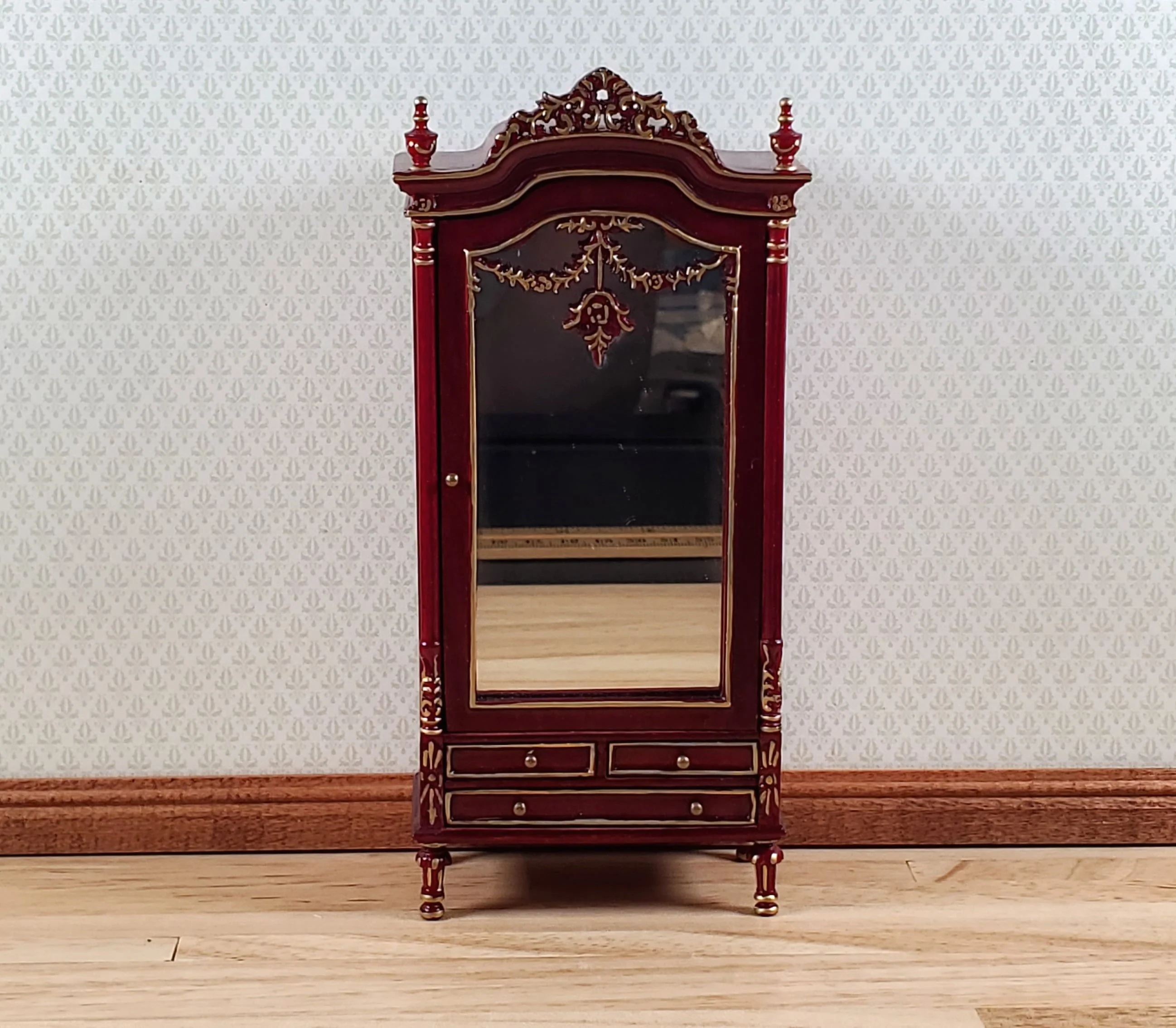 Dollhouse Mirrored Wardrobe Mahogany Finish 1:12 Scale by Hansson Miniatures