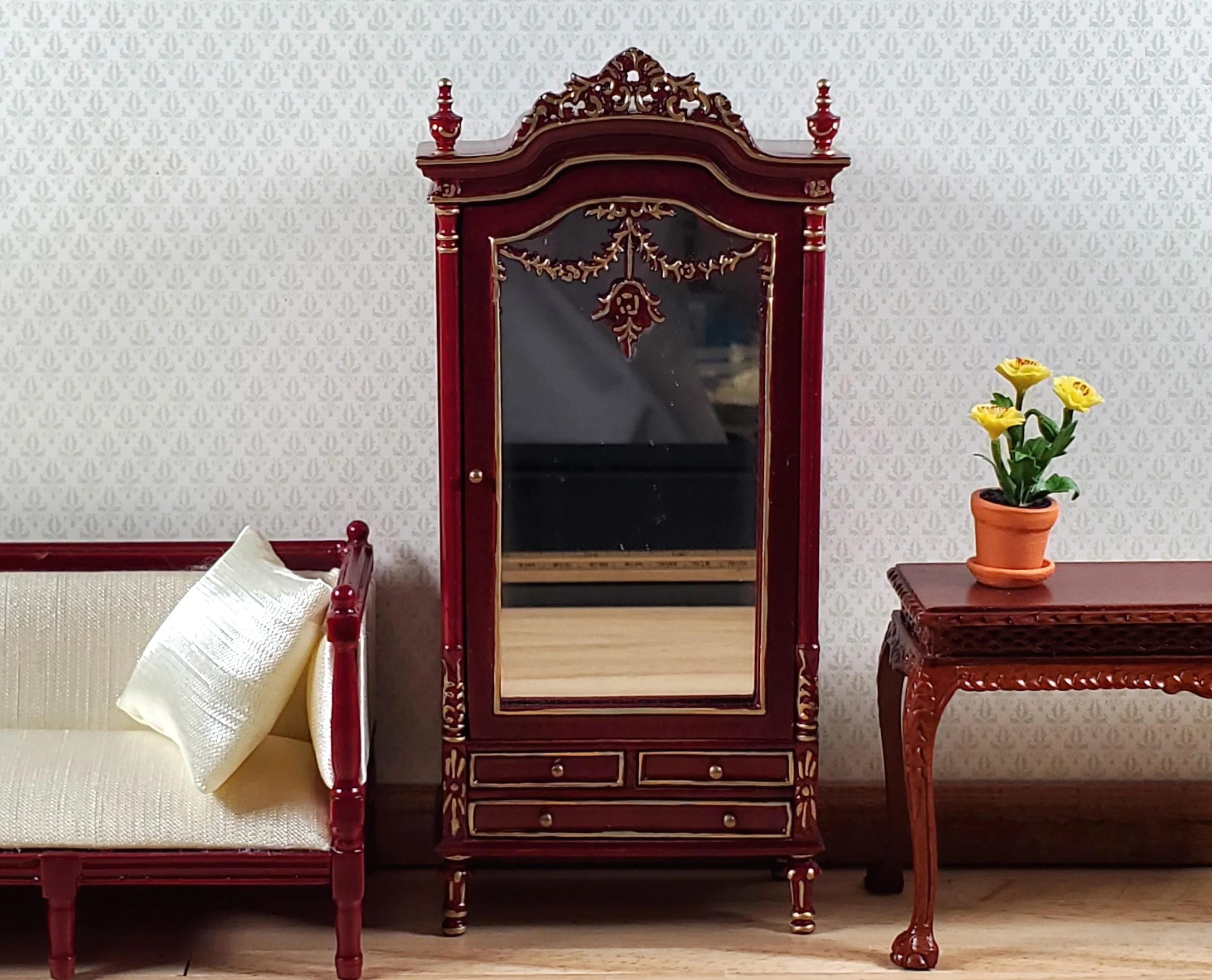 Dollhouse Mirrored Wardrobe Mahogany Finish 1:12 Scale by Hansson Miniatures - Image 3
