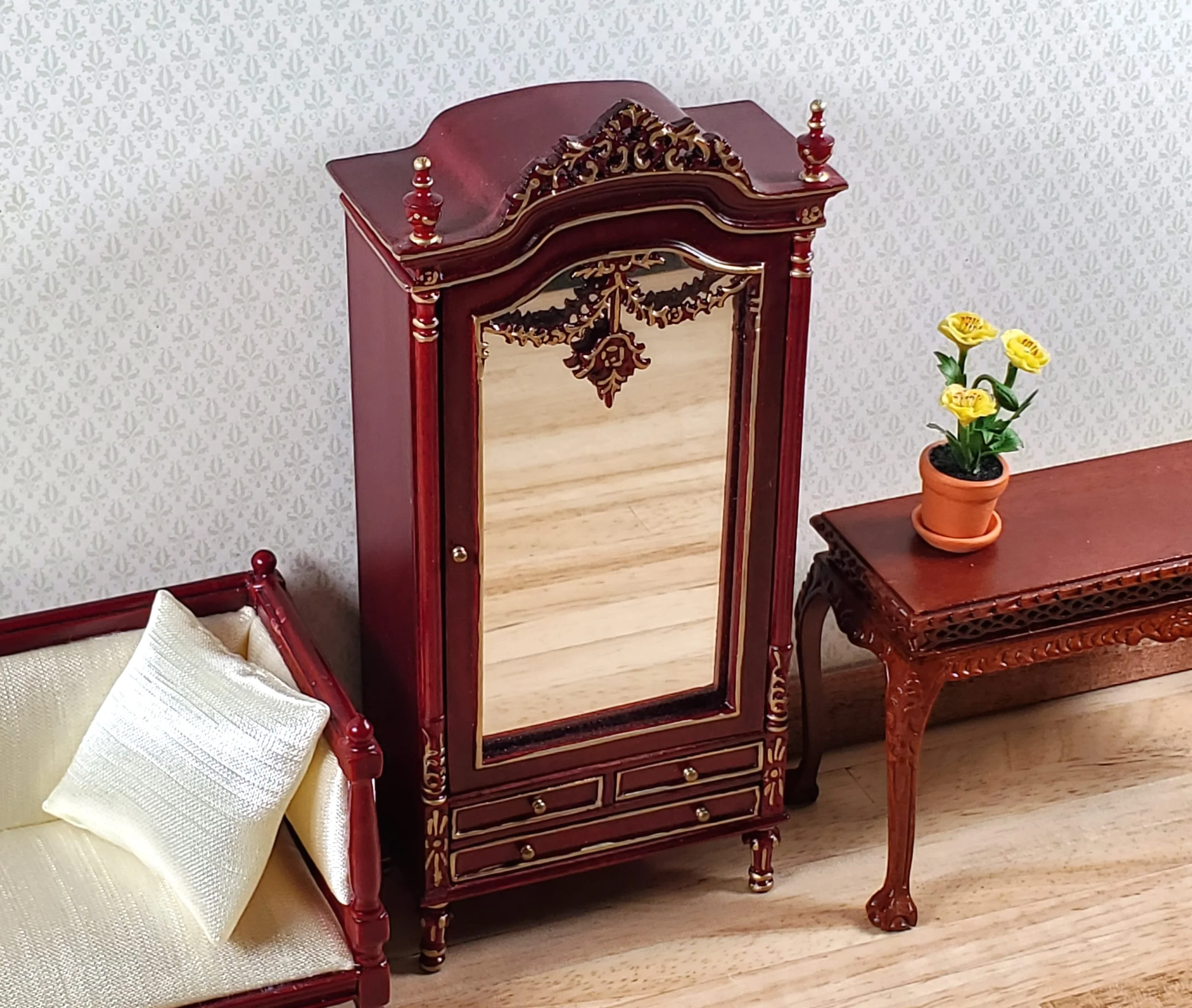 Dollhouse Mirrored Wardrobe Mahogany Finish 1:12 Scale by Hansson Miniatures - Image 4