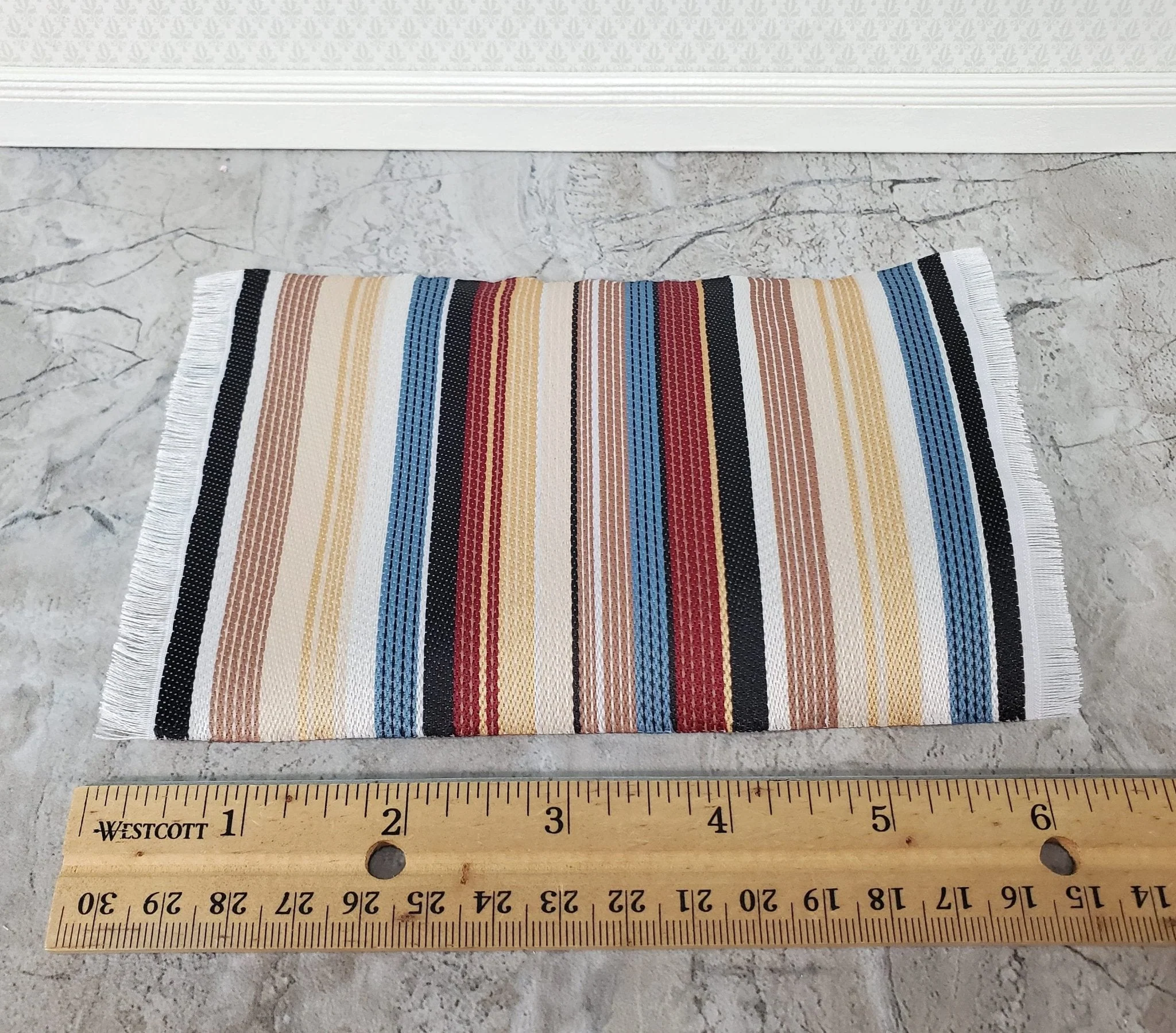 Dollhouse Modern Rug Striped Fabric Small Browns Gold Blue Black with Fringe 1:12 Scale Miniature - Image 2