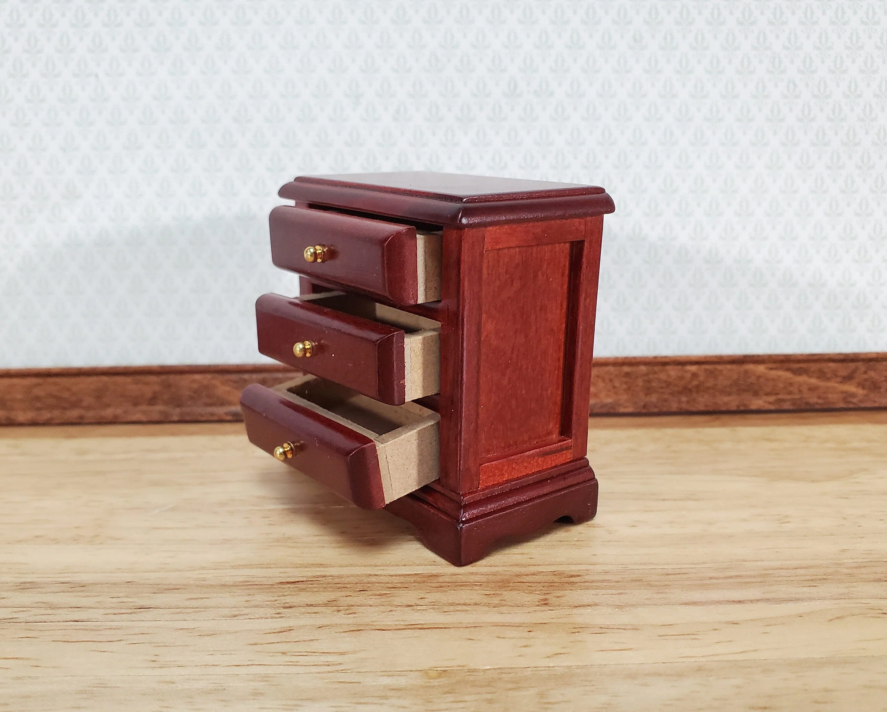 Dollhouse Nightstand Side Table Mahogany 3 Drawers 1:12 Scale Miniature Furniture - Image 3