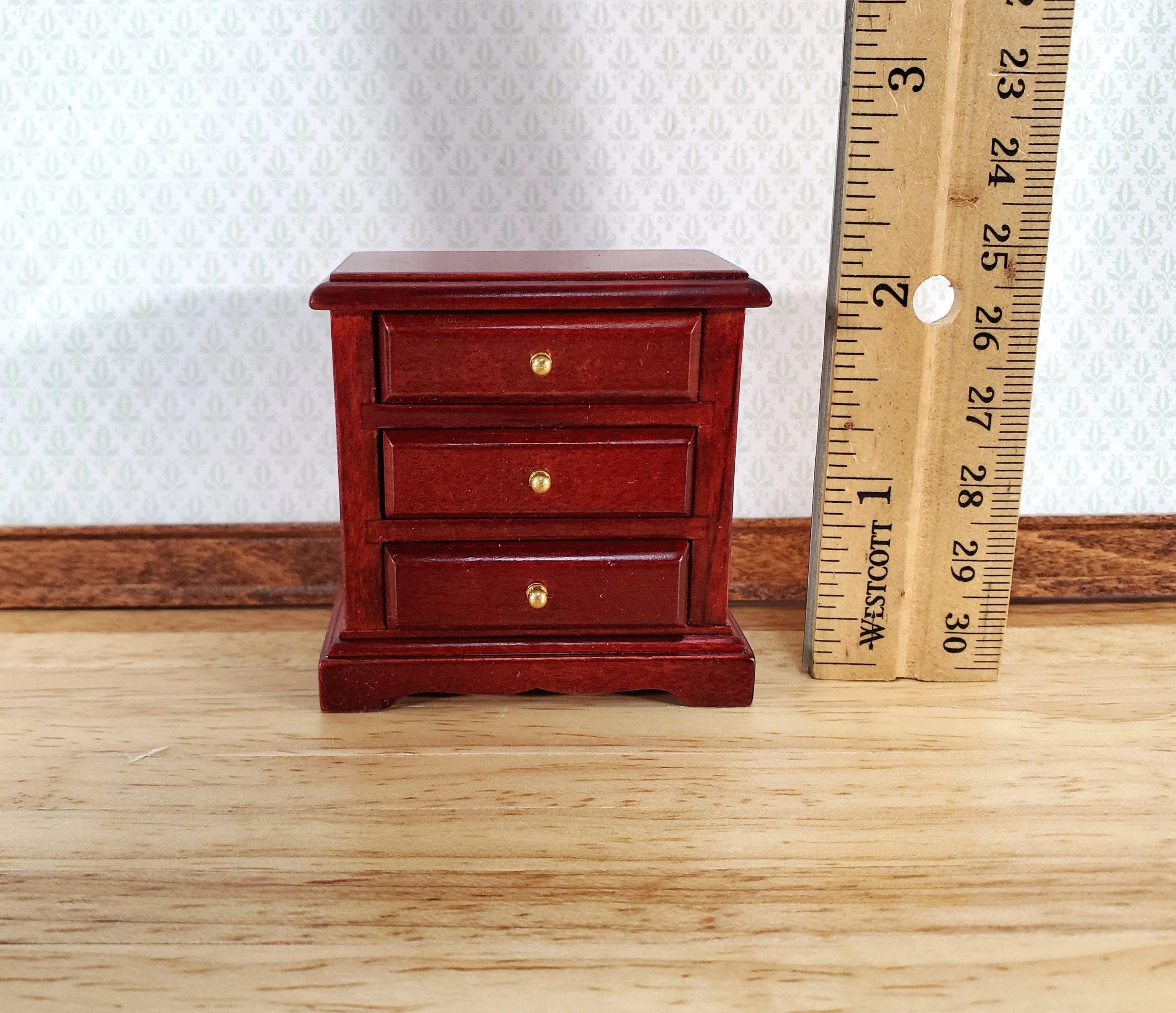Dollhouse Nightstand Side Table Mahogany 3 Drawers 1:12 Scale Miniature Furniture - Image 4
