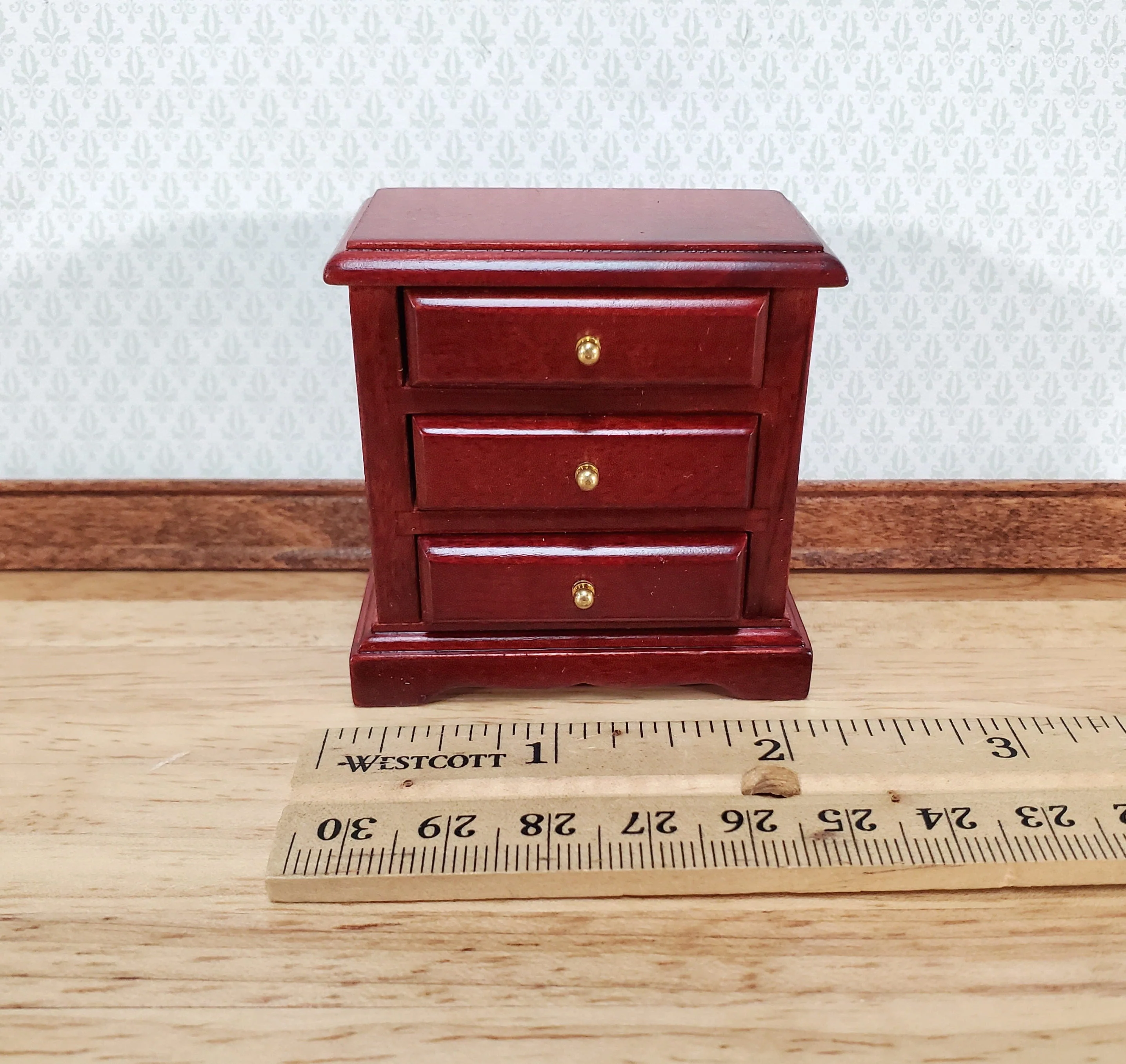 Dollhouse Nightstand Side Table Mahogany 3 Drawers 1:12 Scale Miniature Furniture - Image 5