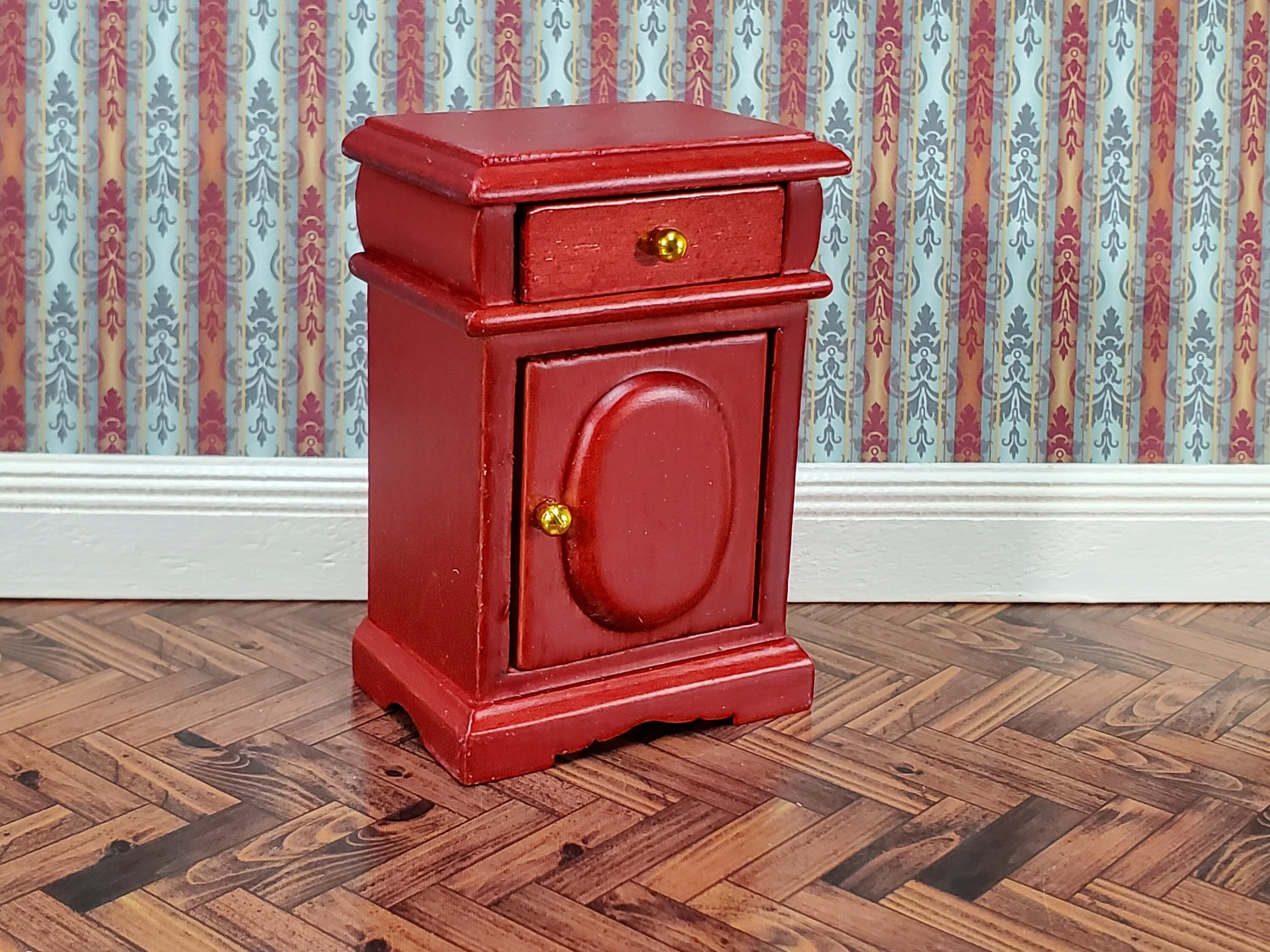 Dollhouse Nightstand Side Table Mahogany Opening Door & Drawer 1:12 Scale Miniature Furniture