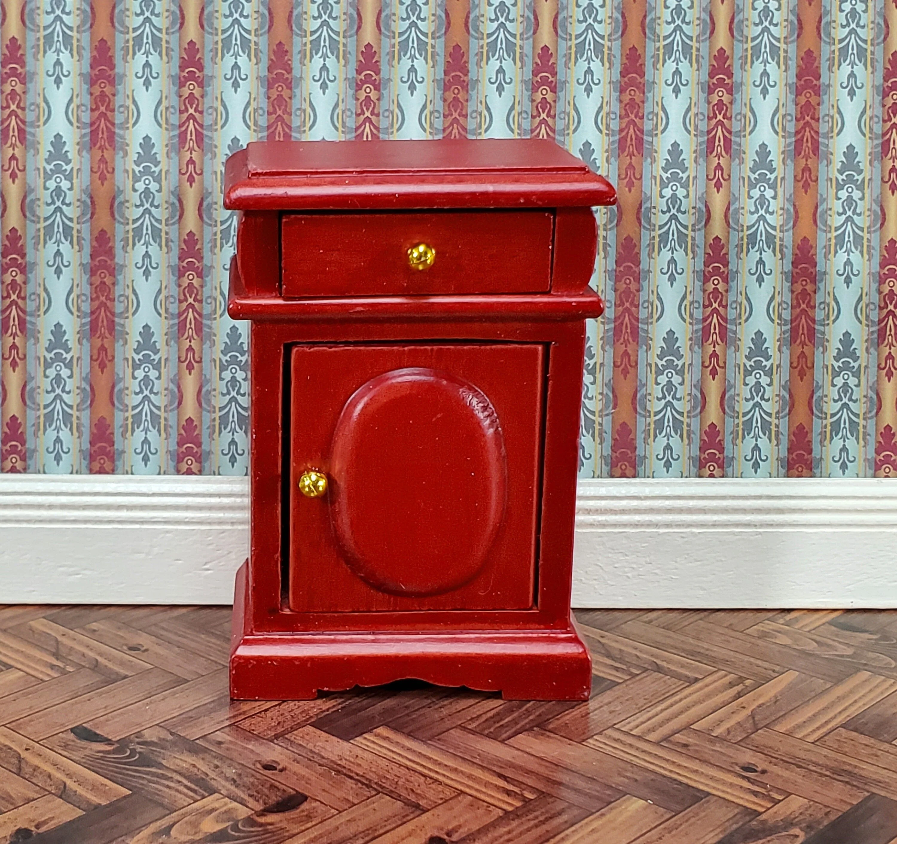 Dollhouse Nightstand Side Table Mahogany Opening Door & Drawer 1:12 Scale Miniature Furniture - Image 2
