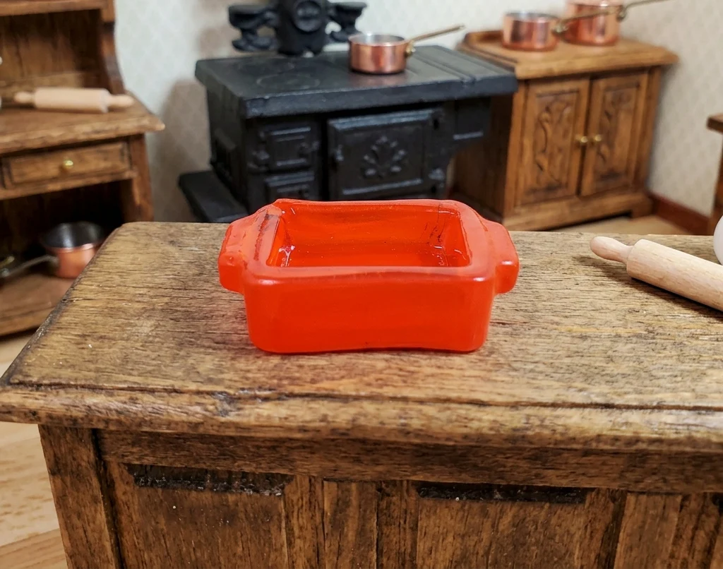 Dollhouse Orange Glass Casserole Dish with Handles 1:12 Scale Miniature Kitchen - Image 2