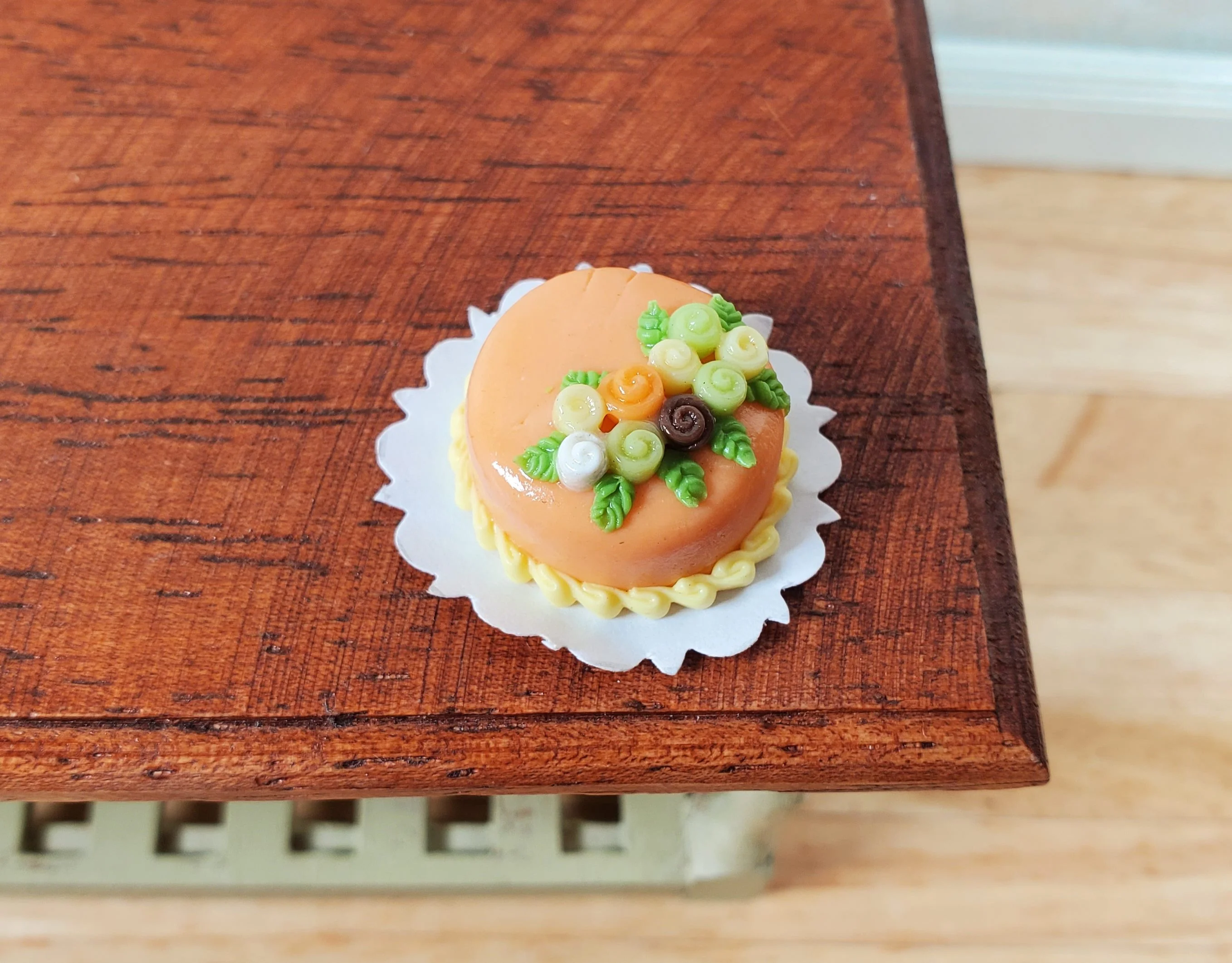 Dollhouse Orange Iced Cake with Rose Decoration 1:12 Scale Miniature Dessert