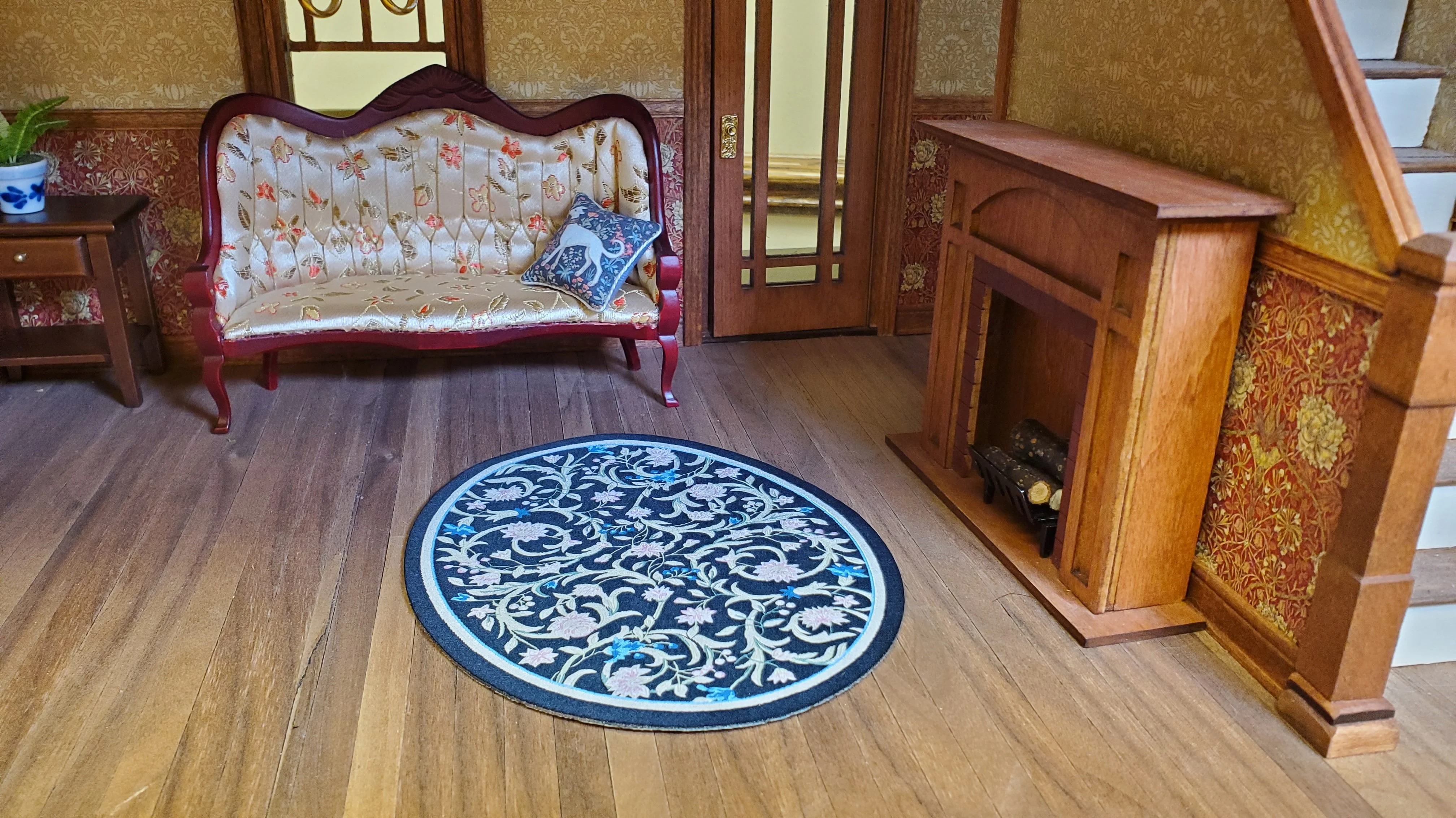 Dollhouse Oval Rug Fabric Black Pink and Blue Floral 1:12 Scale Miniature - Image 2