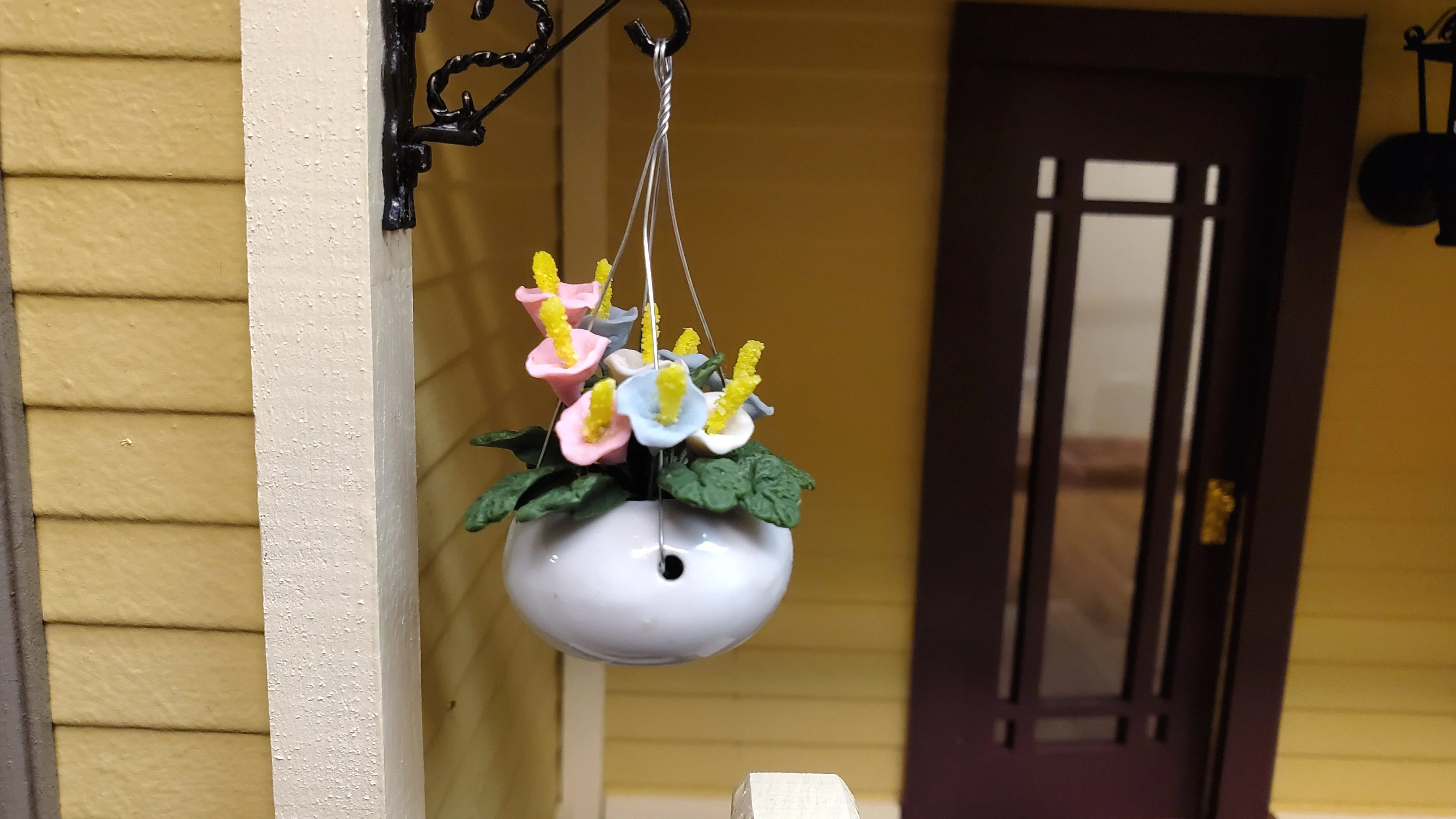 Dollhouse Pastel Flowers in a Hanging White Planter 1:12 Scale Miniature Garden - Image 2