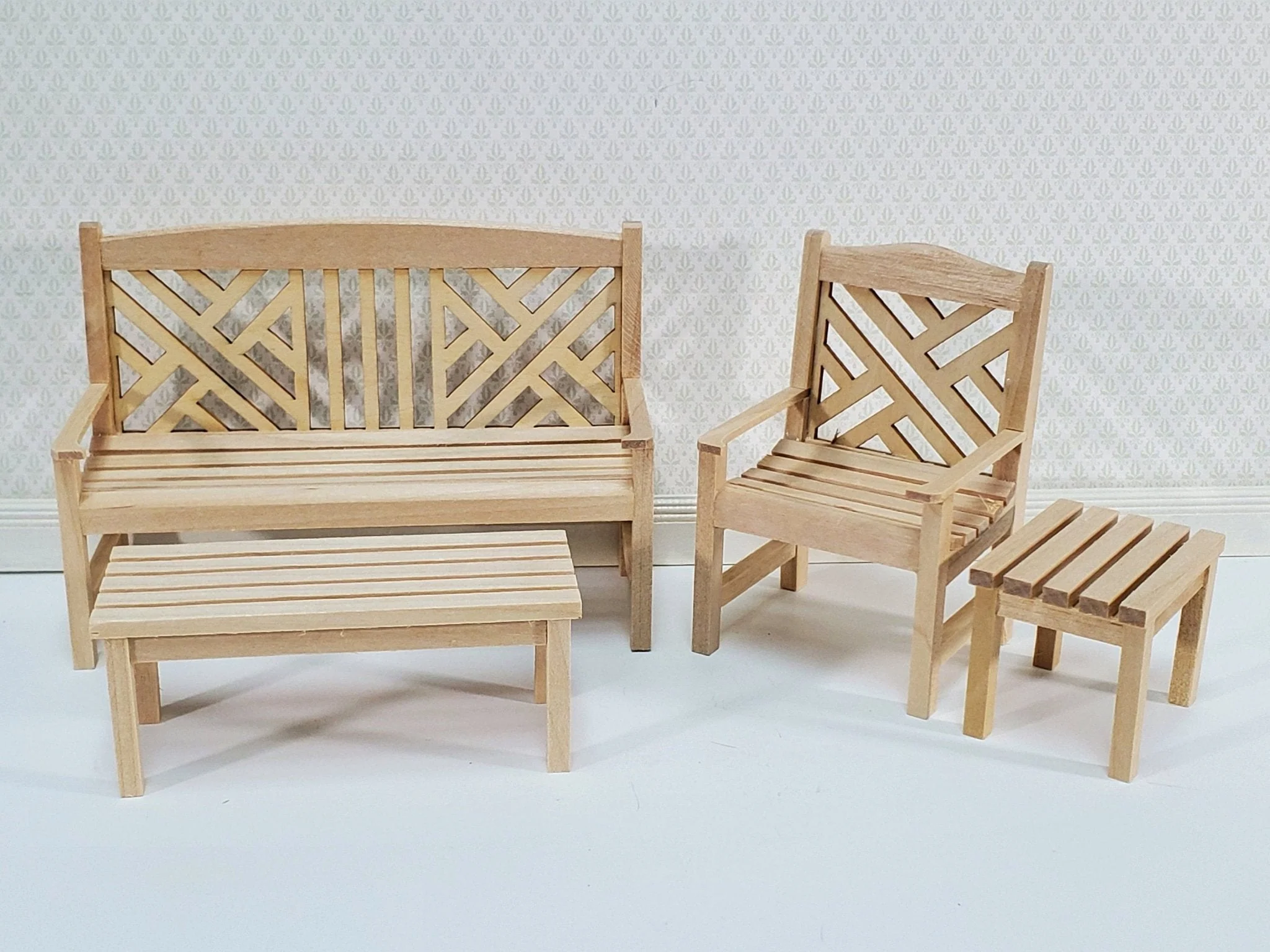 Dollhouse Patio Porch Set Chair Bench Tables Unpainted Wood 1:12 Scale Miniature Furniture