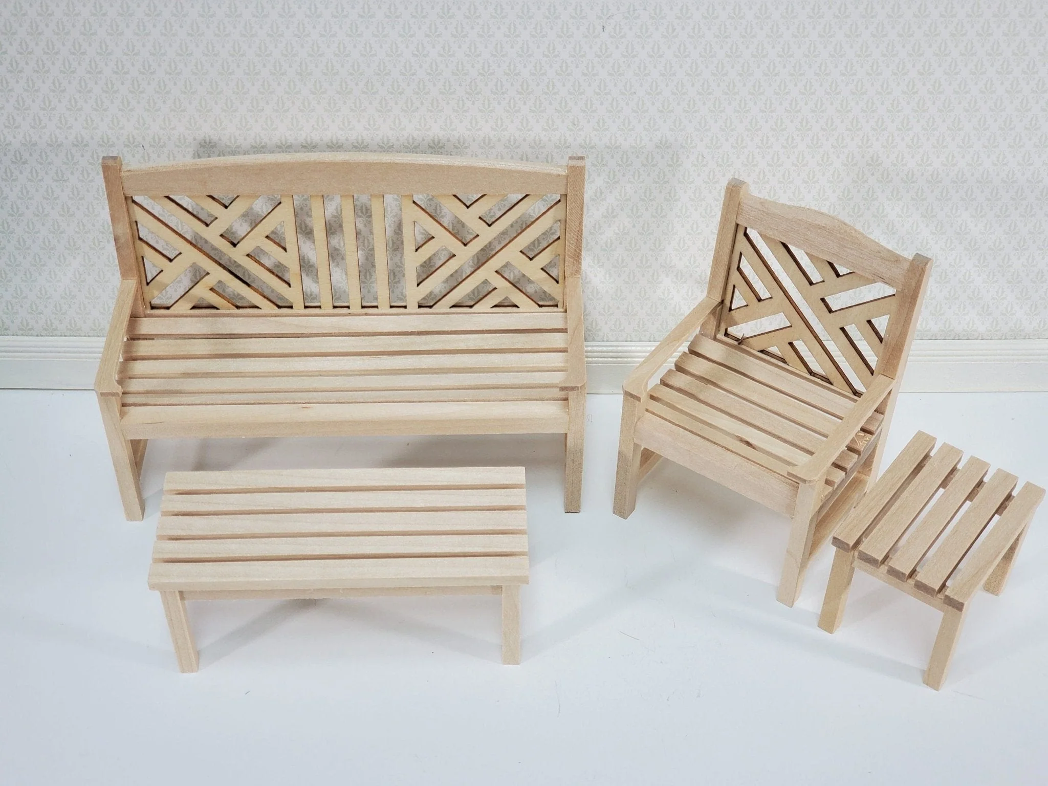 Dollhouse Patio Porch Set Chair Bench Tables Unpainted Wood 1:12 Scale Miniature Furniture - Image 2