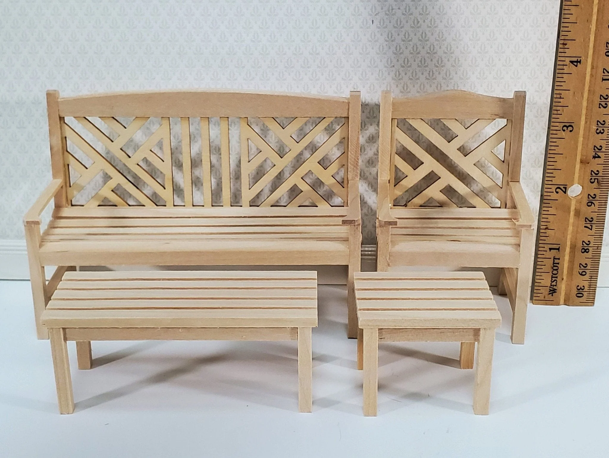 Dollhouse Patio Porch Set Chair Bench Tables Unpainted Wood 1:12 Scale Miniature Furniture - Image 3