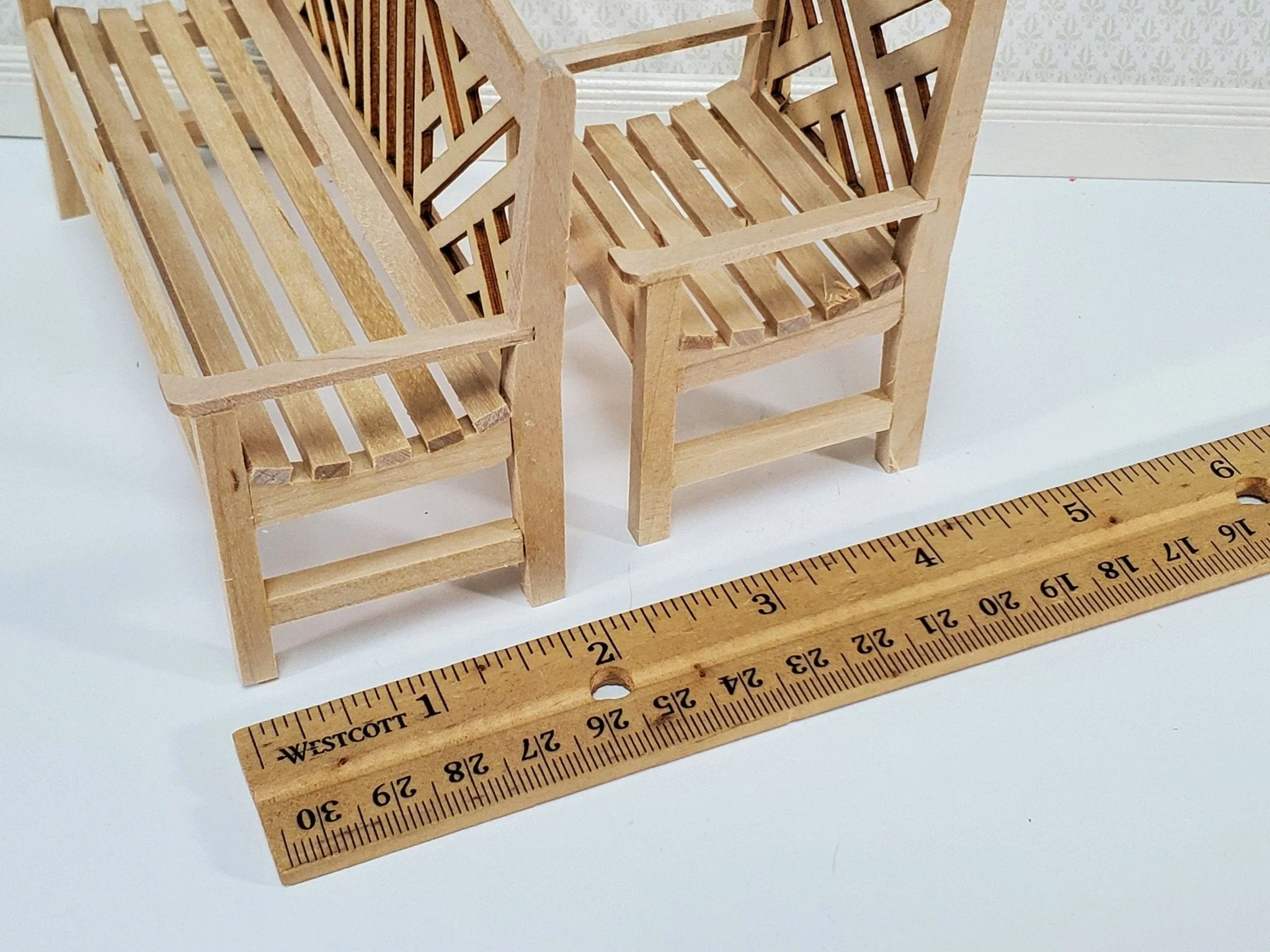 Dollhouse Patio Porch Set Chair Bench Tables Unpainted Wood 1:12 Scale Miniature Furniture - Image 5