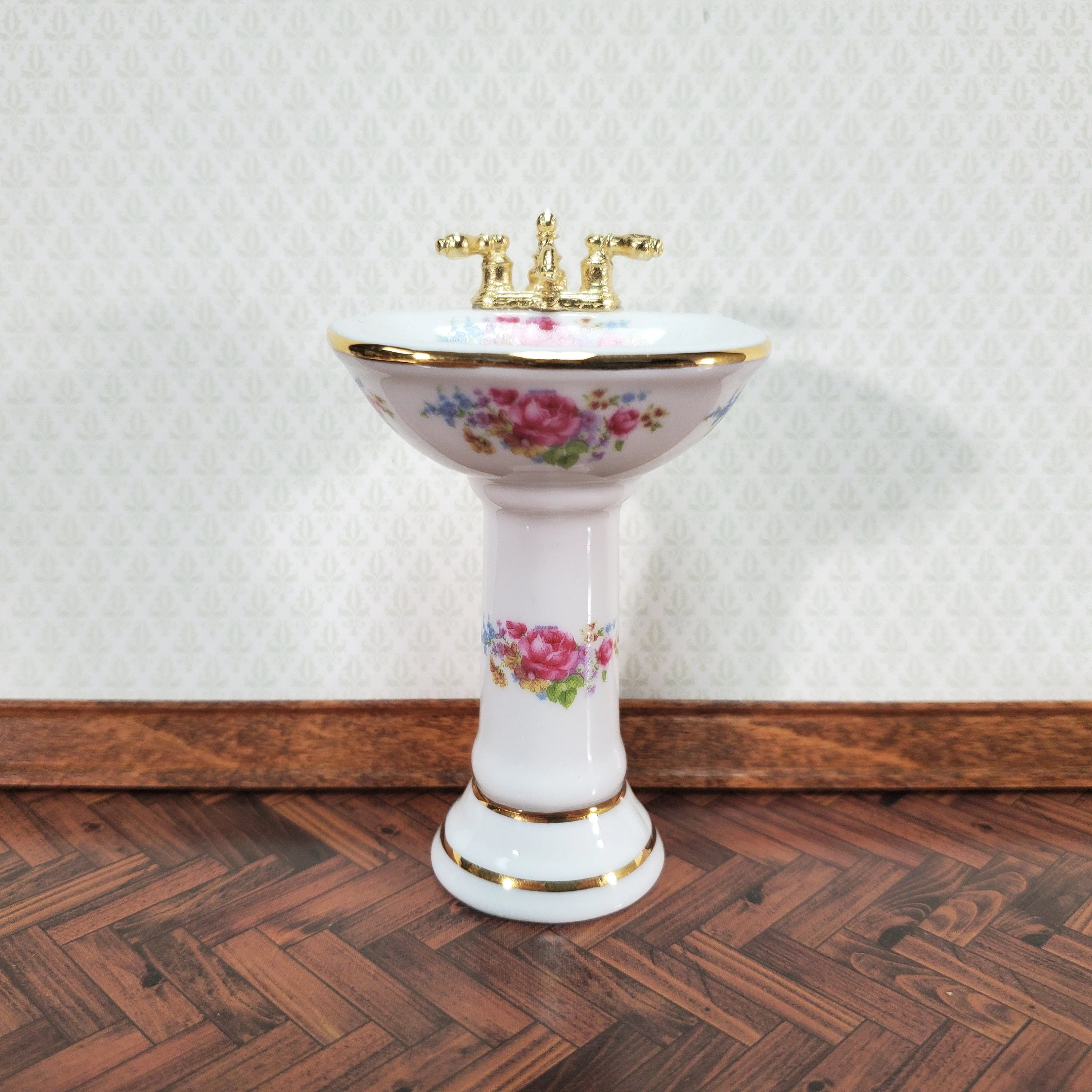 Dollhouse Pedestal Sink Bathroom Dresden Rose Reutter Porcelain 1:12 Scale Miniature