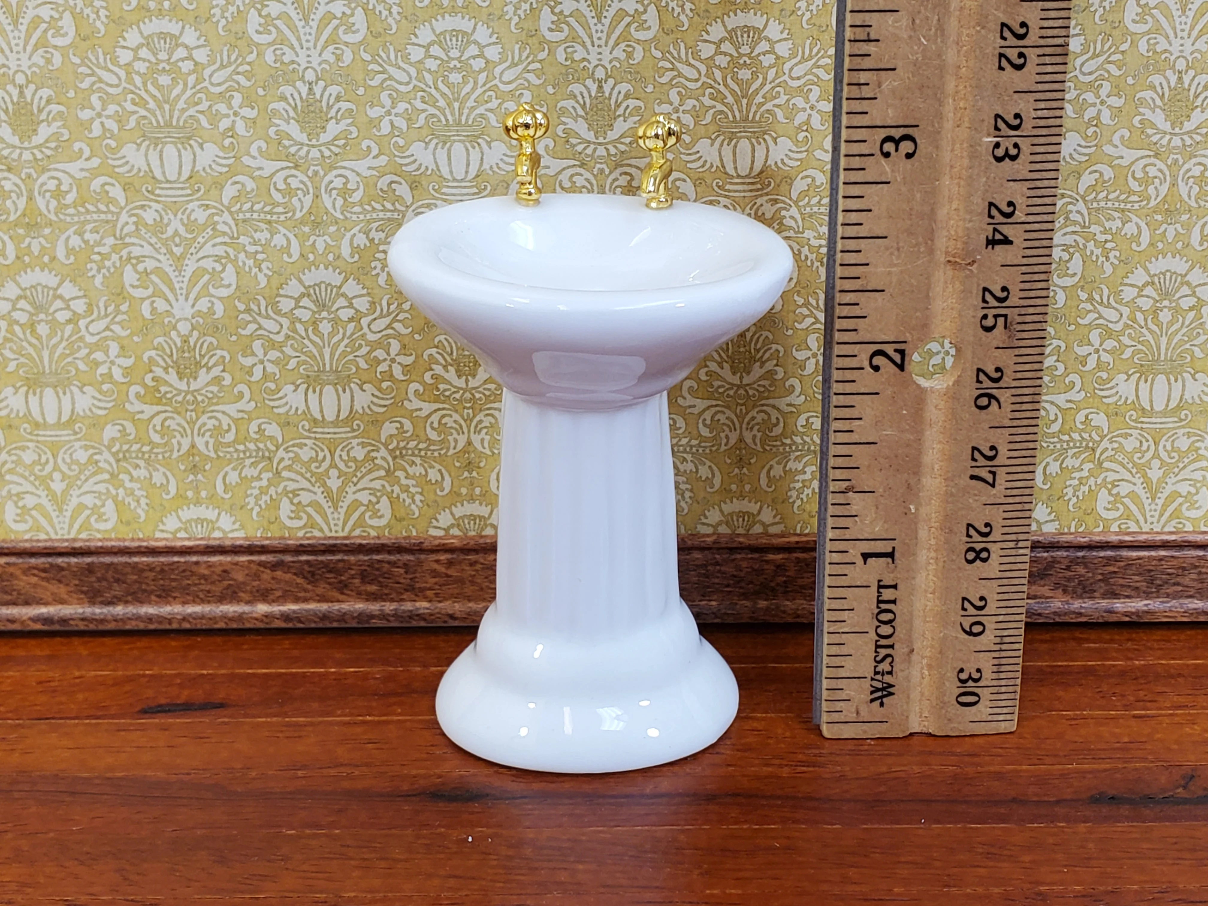Dollhouse Pedestal Sink Bathroom White Ceramic Gold Faucets 1:12 Scale Miniature - Image 3