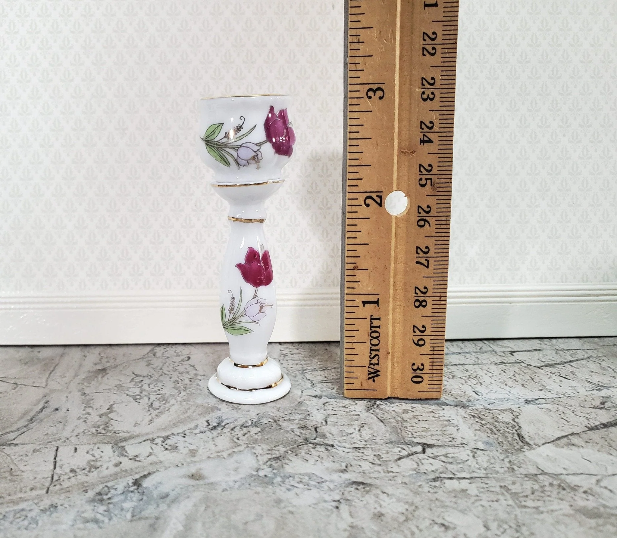 Dollhouse Pedestal with Vase Jardiniere 1:12 Scale Miniature Ceramic White Pink Floral - Image 3