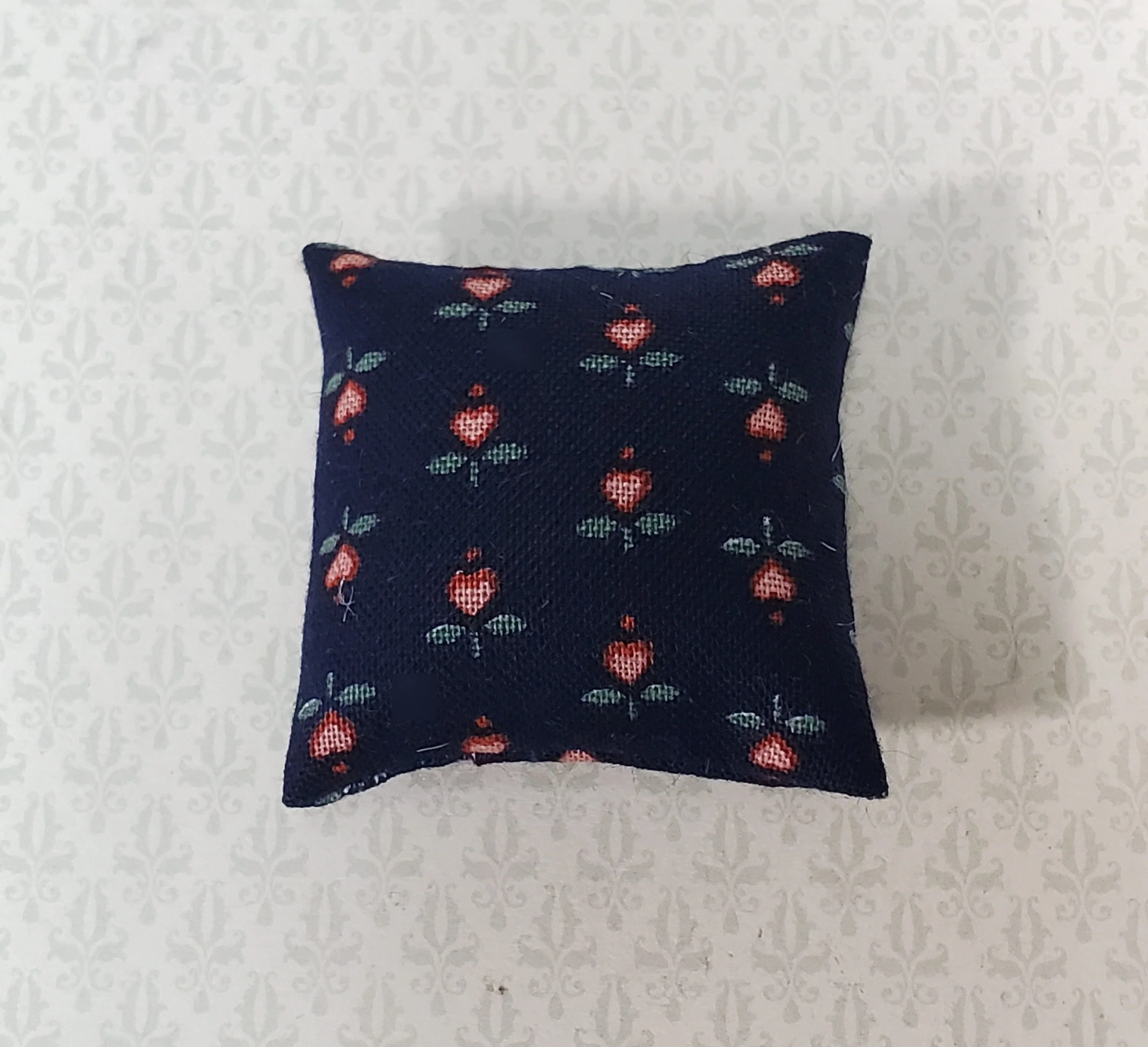 Dollhouse Pillow Flower Hearts Print Black Pink Green Handmade 1:12 Scale Miniature 1 1/2"