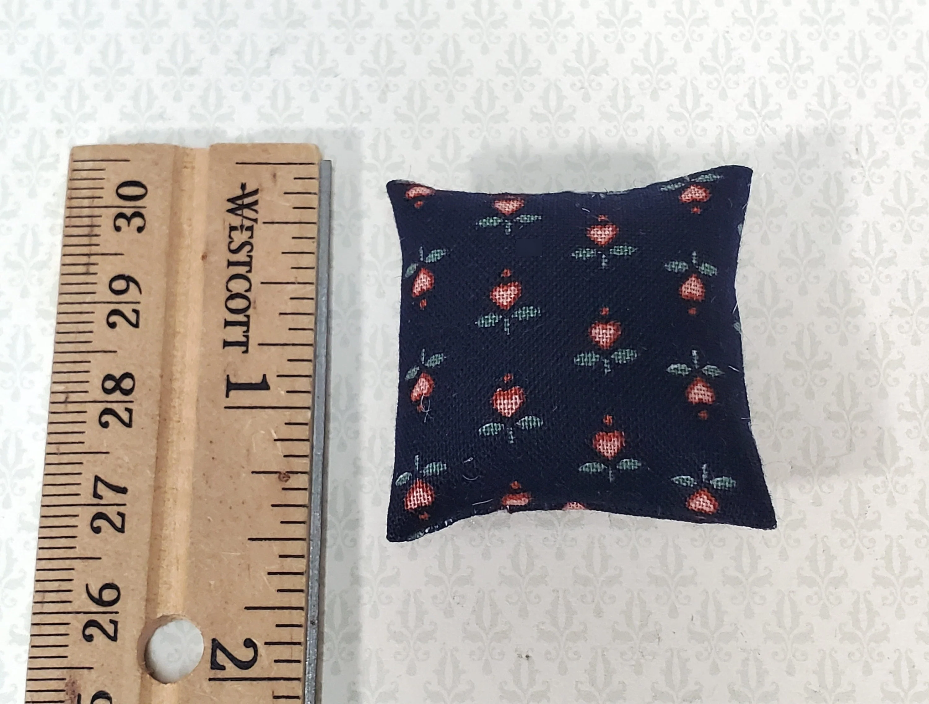 Dollhouse Pillow Flower Hearts Print Black Pink Green Handmade 1:12 Scale Miniature 1 1/2" - Image 2