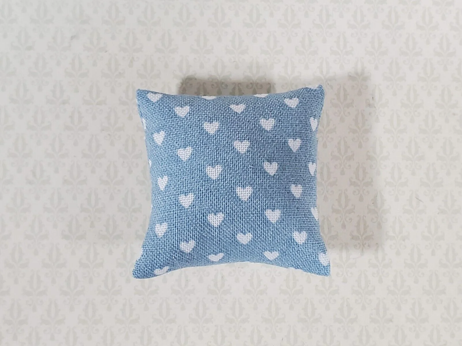 Dollhouse Pillow Hearts Print Blue & White Handmade 1:12 Scale Miniature 1 1/2"