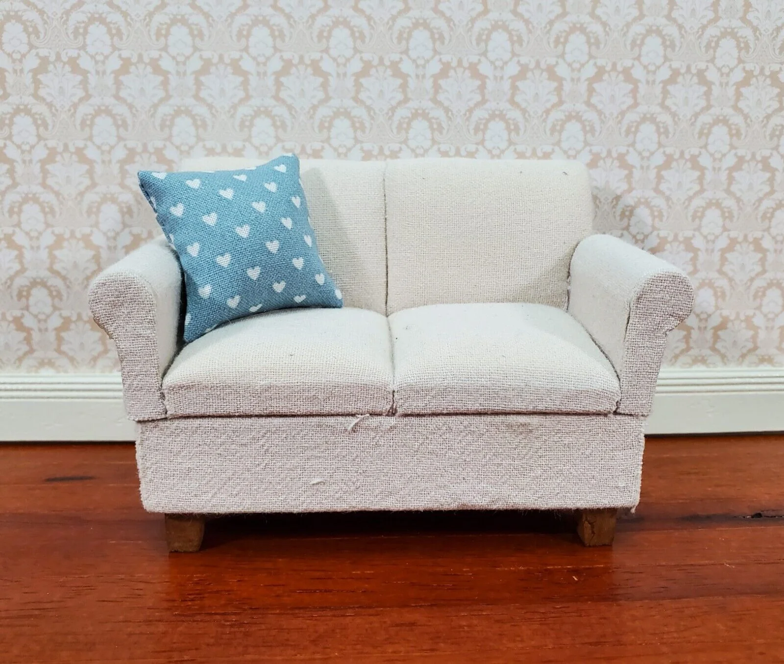 Dollhouse Pillow Hearts Print Blue & White Handmade 1:12 Scale Miniature 1 1/2" - Image 3
