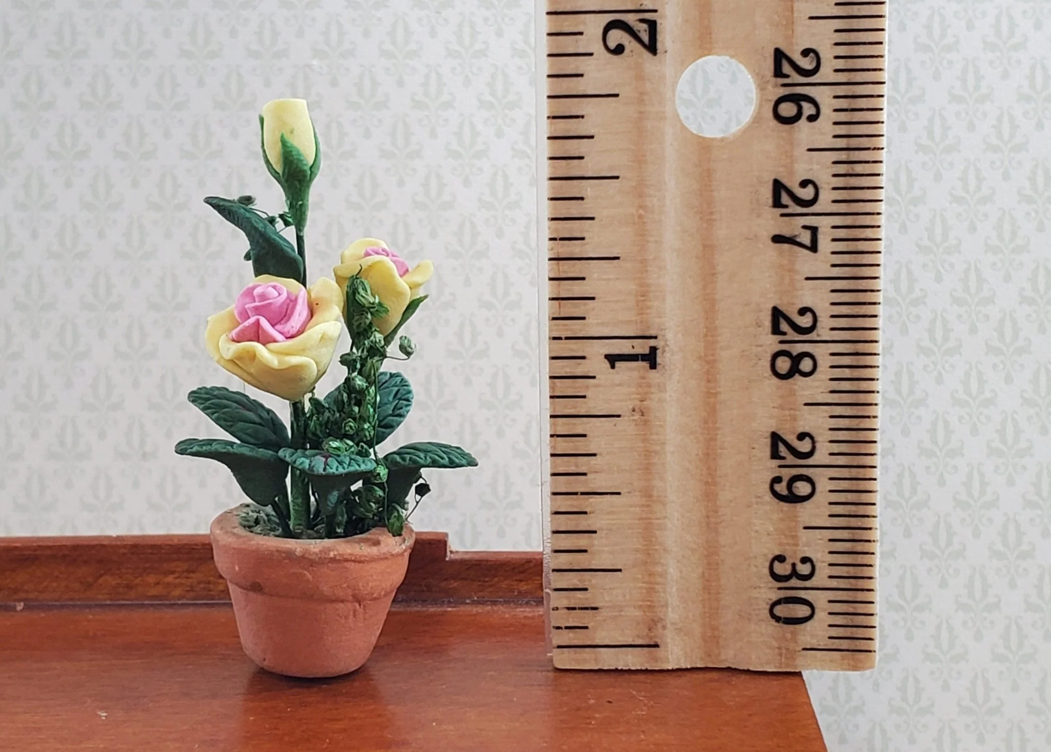 Dollhouse Pink and Yellow Roses Flowers Potted in Terra Cotta Pot 1:12 Scale - Image 3