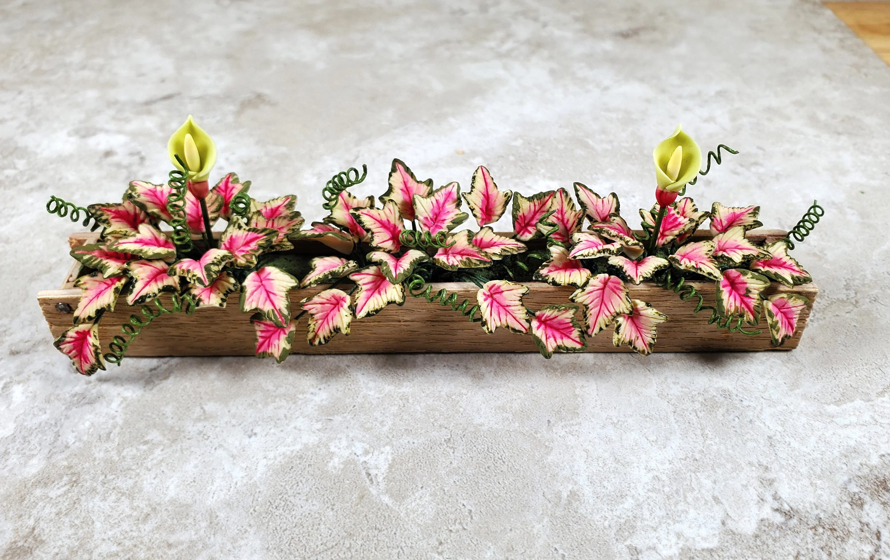 Dollhouse Pink Caladium in a 5.25" Window Box Planter 1:12 Scale Miniature