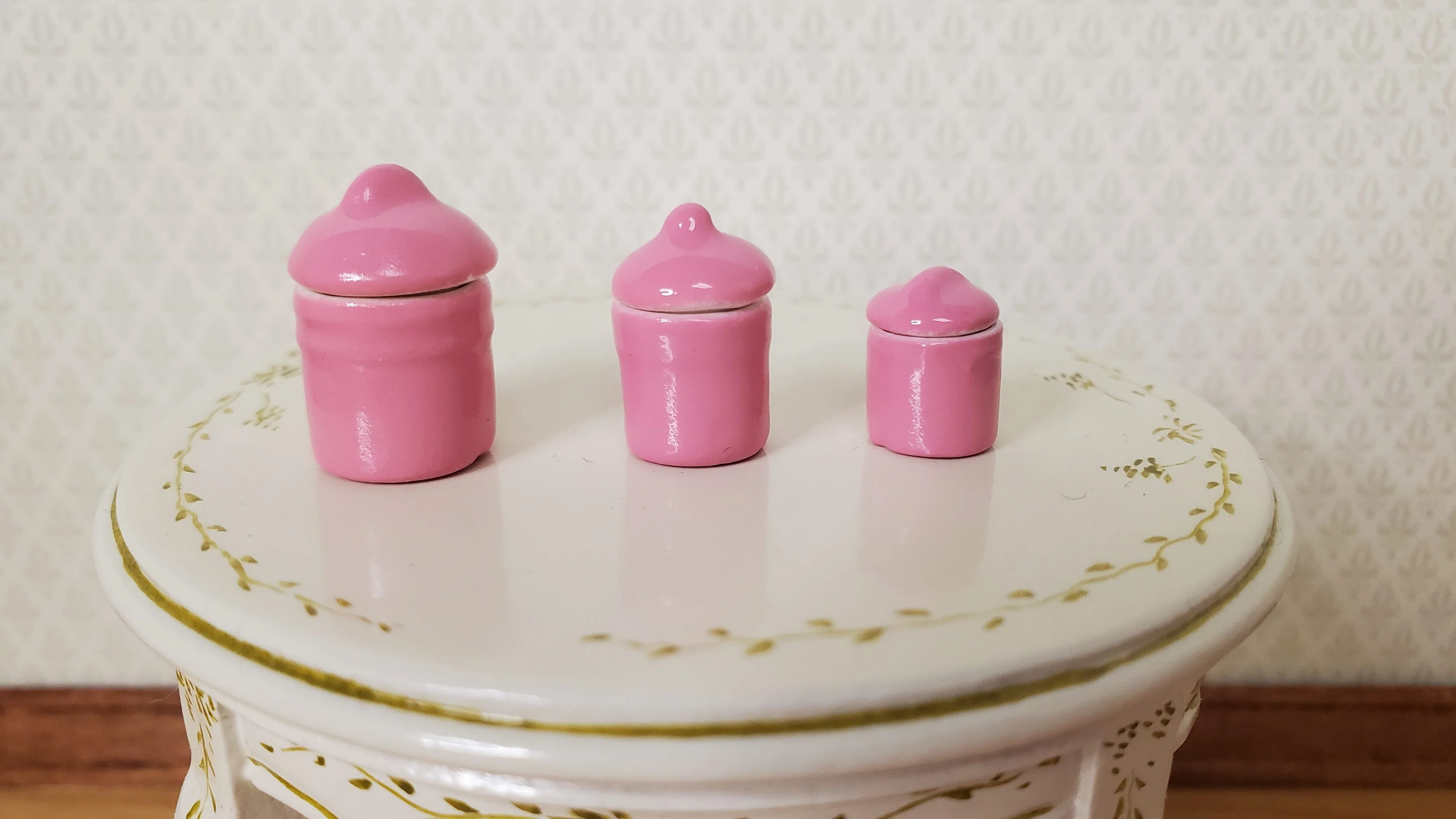 Dollhouse Pink Canister Set with Removable 1:12 Scale Kitchen Miniatures